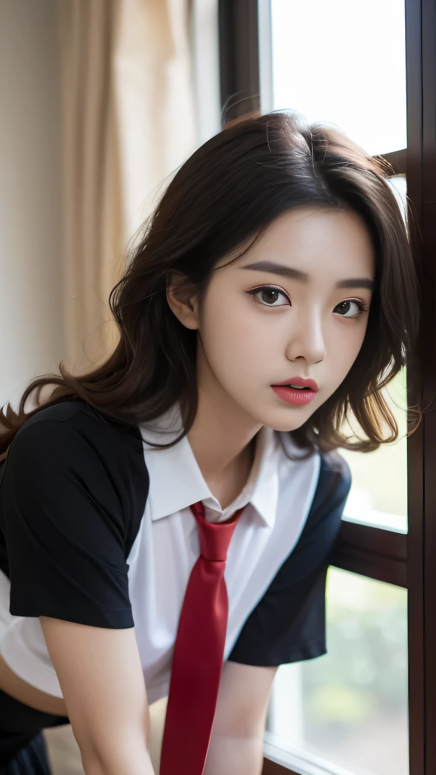 uniform, sexy school uniform, sexy school student uniform, sexy school uniform, school girl, jaeyeon nam, gorgeous young korean woman, beautiful south korean woman, korean girl, beautiful young korean woman, korean woman, heonhwa choe, korean women's fashion model, sexy look, big breast, light red hair, sexy pose, show breast