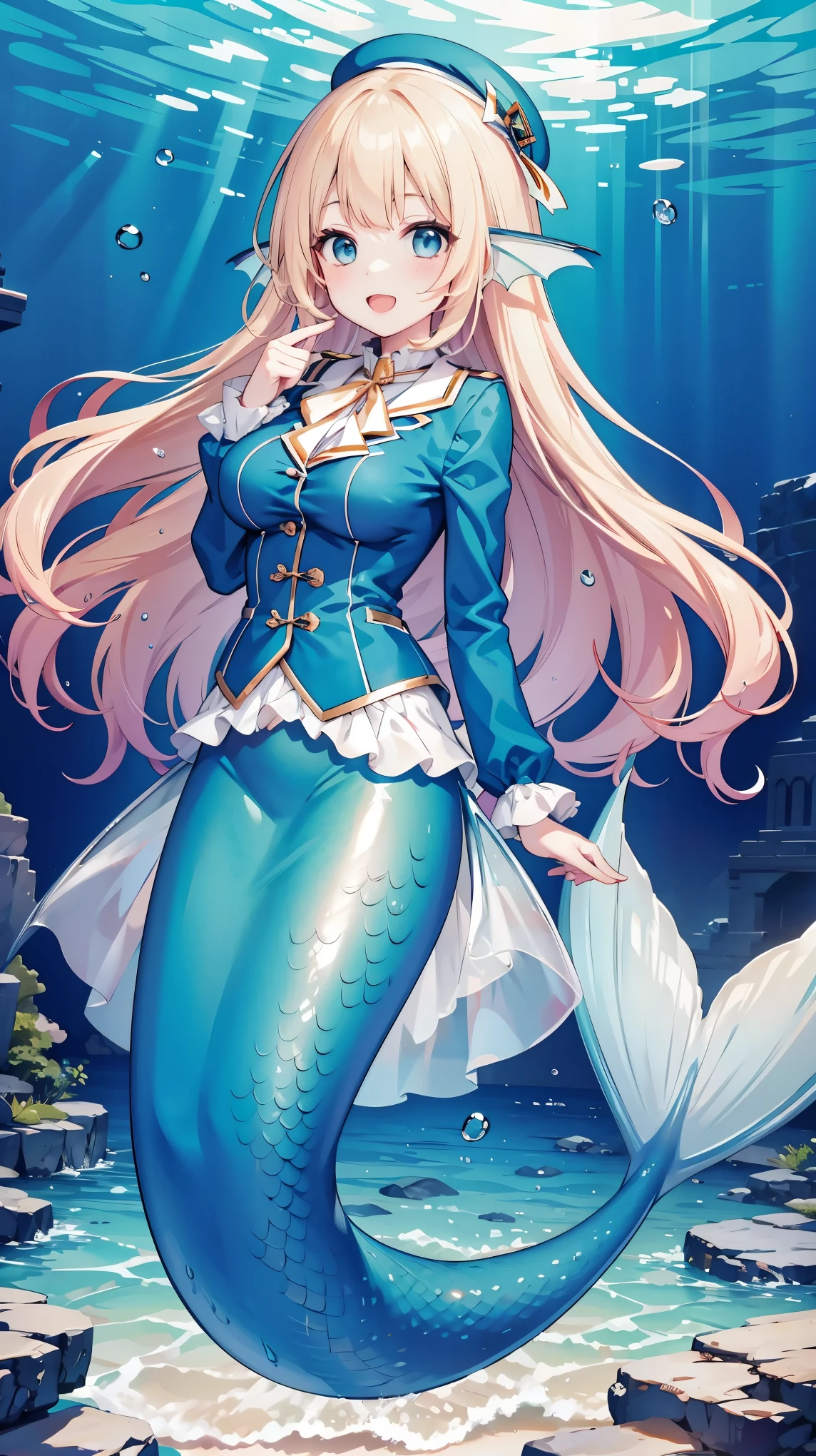 (masterpiece, is the best quality),(Full fingers), a girl ,Head fin, big breasts , blue eyes, beret ,, blonde girl ,Hair accessories, alone ,Mermaid,蓝色的Mermaid尾巴,Full body photo,Night view,Smile,(Underwater:1.2),charming face(Kawaii, charming,Soft),Open your mouth,Sing