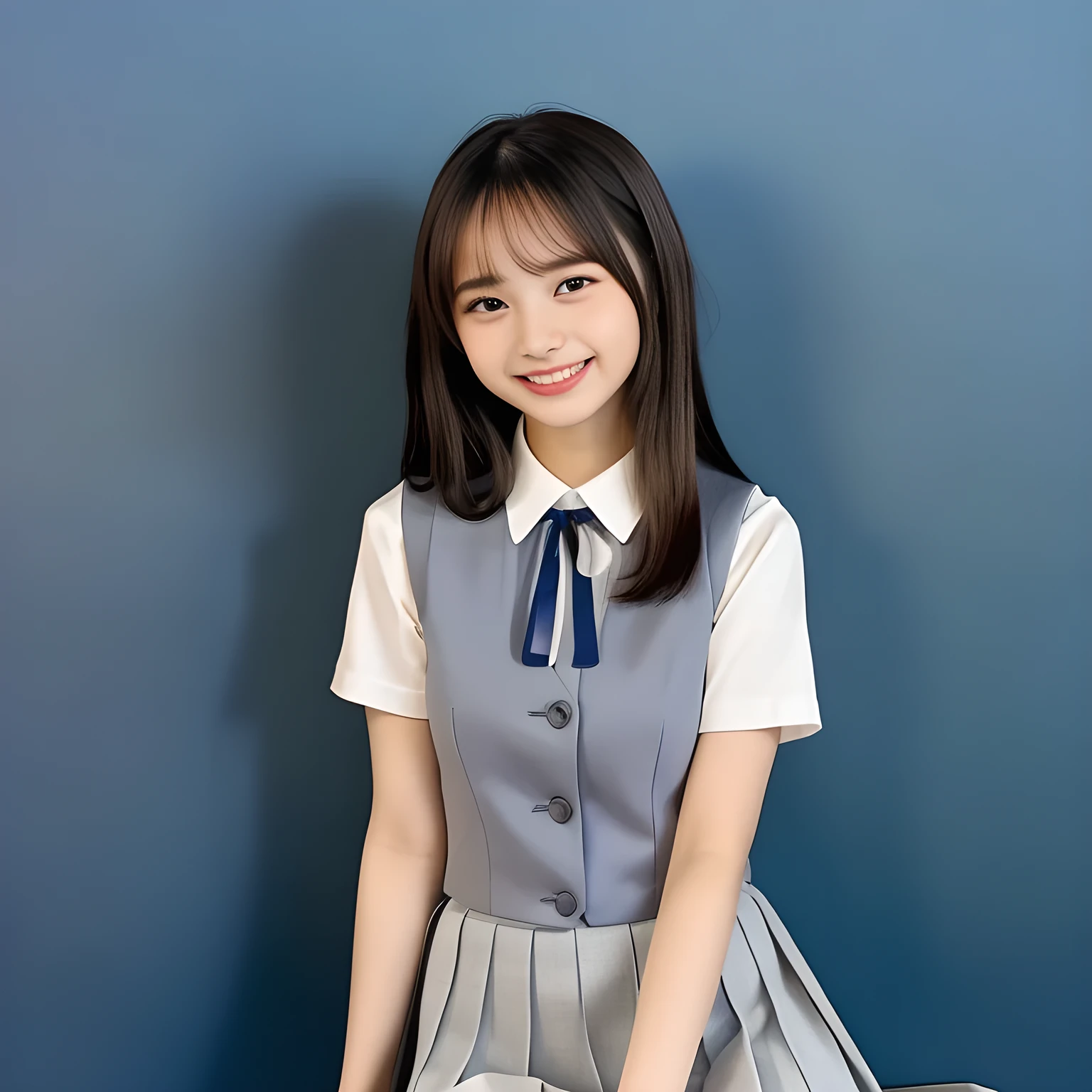 (Highest quality, masterpiece:1.2), Highest quality, High resolution, 1080P, 8k, height: 158cm, (A yo Japanese fashion model is seated, showing her palms, looking at the viewer, showing her cutest smile, very white face, using face-whitening cosmetics, prominent cool eyes, opened laughing giggling most open mouth, gray-gray-blue school summer uniform with gray-gray-blue vest and widely-boxed-pleats-short-skirt and silk blouse and red breast ribbon pulled by her hands, well-straitened super-super-long well-trimmed long hair: 1.5), (white thighs and knees: 1.7), (Well-balanced, prominent, Intelligent, drooping, double-eyelids, brown shiny large prominent eyes with detailed: 1.5), (gray-gray-blue school uniform with gray-gray-blue vest and boxed-pleats-skirt, short-sleeves silk blouse, glossy red breast ribbon: 1.5), ((Beautiful well-figured glossy opened lips like fortissimo soprano singer: 1.2)), (mature breast), (Girl whom everyone loves because of her beauty and beautiful eyes and lovely fashion and noble manner), (Very beautiful, glossy, cute neat black hair, straight well-done hair-style: 1.3), (Drives me crazy for her glossy neat hair and Make me fall into love), (plain blue background: 1.6), (Best style like a 13 fashion model, mature breast), (((Completely balanced beautiful big big eyes, looking at me))), (eyes, face and hair are especially beautifully detailed and beautifully drawn: 1.5), (Satisfactory best shot by professional famous photographer for school girl's beauty: 1.5), (The soft white light clearly shows her face extremely white: 1.2), (Very soft laughing cheeks, very soft hands pulling the breast ribbon down, People who touch it feel eternal pleasure: 1.2), (13yo too much beautiful fashion magazine model: 1.8)