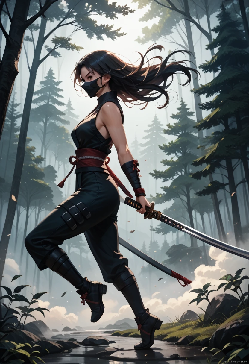 8K,1 milf,Fantasia、sexy female ninja with big breasts、Fluttering chest,complete ninja outfit、tight black and red ninja outfit(ultra precise detailed)、Slender lower body,tight black and red skirt(ultra precise detailed)(Exposure of ninja clothes)、(Masked Face)、(Quick movement)、(stealth)、(mystical)、(arma)、(knifes)、(shuriken)、(daggers)、(short knife)、(shuriken)、(Graceful pose)、(dusk setting)、(Moonlit sky)、(Enchanting shadows)、((magical aura))、(daring acrobatics)、(ninja star)、(Quiet footsteps)、(Highly skilled)、(dedicated warrior)、(invisible assassin)、(ninja headquarters)、(hidden passage)、(bamboo forrest)、(intricate-detail)、(secret glance)、(impressive crimson eyes)、(Intense focus)、(epic battle scene)、(Mystical powers)、(rippling muscles)、(Fierce determination)、(Warrior spirit)、(exhilarating action)、(ancient tradition)、(unbreakable code)、(fearless guardian)、(unparalleled combat skills)、(constant vigilance)、(invisible protector)、(top-quality、ultra-detailliert、hight resolution、physically-based renderingt:1.2)、(immersive lighting)、(vivd colour)、(Dynamic composition)、(masterpiece)。Fantasyart、Female ninja、complete ninja outfit、(tight ninja uniform)、The is a uniform、Nipples are uniform、arma、lush bamboo forest,Golden decoration,超A high resolution,super realistic skin,Beautiful expression,