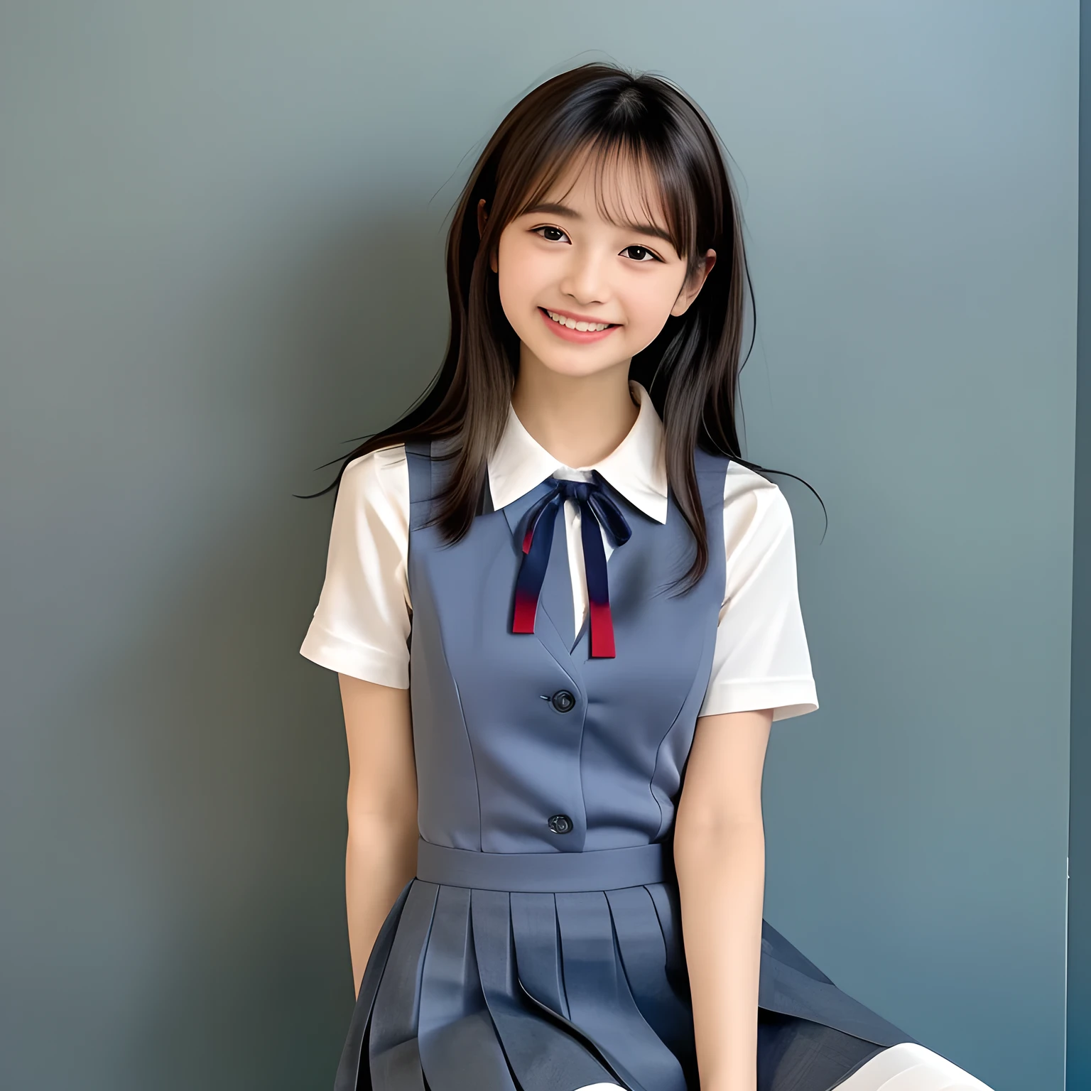 (Highest quality, masterpiece:1.2), Highest quality, High resolution, 1080P, 8k, height: 158cm, (A 13yo Japanese fashion model is seated, showing her palms, looking at the viewer, showing her cutest smile, very white face, using face-whitening cosmetics, prominent cool eyes, opened laughing giggling most open mouth, gray-gray-blue school summer uniform with gray-gray-blue vest and widely-boxed-pleats-short-skirt and silk blouse and red breast ribbon pulled by her hands, well-straitened super-super-long well-trimmed long hair: 1.5), (white thighs and knees: 1.7), (Well-balanced, prominent, Intelligent, drooping, double-eyelids, brown shiny large prominent eyes with detailed: 1.5), (gray-gray-blue school uniform with gray-gray-blue vest and boxed-pleats-skirt, short-sleeves silk blouse, glossy red breast ribbon: 1.5), ((Beautiful well-figured glossy opened lips like fortissimo soprano singer: 1.2)), (mature breast), (Girl whom everyone loves because of her beauty and beautiful eyes and lovely fashion and noble manner), (Very beautiful, glossy, cute neat black hair, straight well-done hair-style: 1.3), (Drives me crazy for her glossy neat hair and Make me fall into love), (plain blue background: 1.6), (Best style like a 13yo fashion model, mature breast), (((Completely balanced beautiful big big eyes, looking at me))), (eyes, face and hair are especially beautifully detailed and beautifully drawn: 1.5), (Satisfactory best shot by professional famous photographer for school girl's beauty: 1.5), (The soft white light clearly shows her face extremely white: 1.2), (Very soft laughing cheeks, very soft hands pulling the breast ribbon down, People who touch it feel eternal pleasure: 1.2), (13yo too much beautiful fashion magazine model: 1.8)