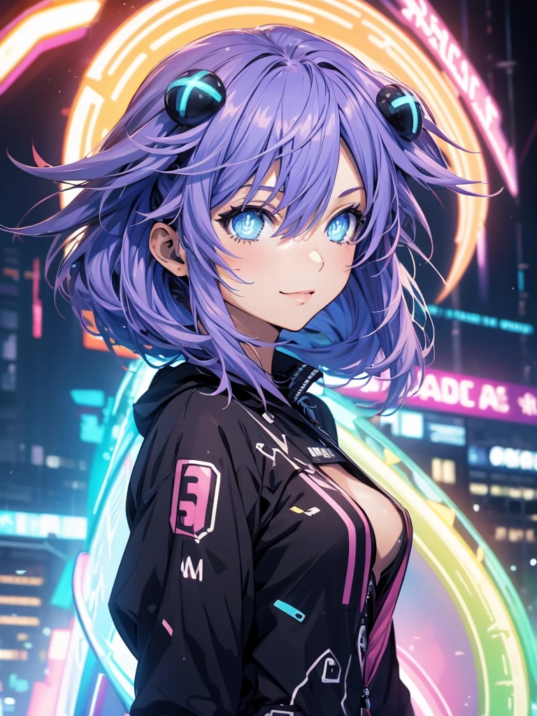 Masterpiece picture quality，Rainbow，Urban girl，ssmile，number art，style of anime，Retro anime girl，Punk girl，in an anime style，dual horsetail，Trendy，neonlight，depth of fields, perfil delantero