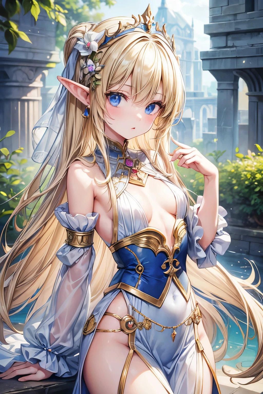 4K,High resolution,One Woman,lamia,Blonde,long hair,Blue Eyes,Big Breasts,goddess,White Holy Dress,Winged headgear,Jewelry decoration,Gold decoration,Holy Sword,temple