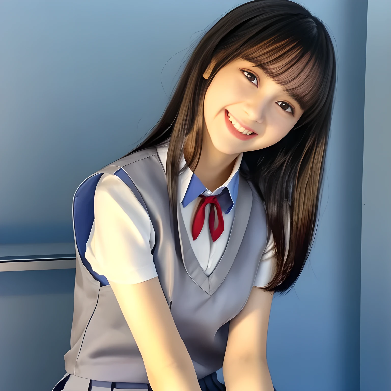 (Highest quality, masterpiece:1.2), Highest quality, High resolution, 1080P, 8k, height: 158cm, (A 13yo Japanese fashion model is seated, showing her palms, looking at the viewer, showing her cutest smile, very white face, using face-whitening cosmetics, prominent cool eyes, opened laughing giggling most open mouth, gray-gray-blue school summer uniform with gray-gray-blue vest and widely-boxed-pleats-short-skirt and silk blouse and red breast ribbon pulled by her hands, well-straitened super-super-long well-trimmed long hair: 1.5), (white thighs and knees: 1.7), (Well-balanced, prominent, Intelligent, drooping, double-eyelids, brown shiny large prominent eyes with detailed: 1.5), (gray-gray-blue school uniform with gray-gray-blue vest and boxed-pleats-skirt, short-sleeves silk blouse, glossy red breast ribbon: 1.5), ((Beautiful well-figured glossy opened lips like fortissimo soprano singer: 1.2)), (mature breast), (Girl whom everyone loves because of her beauty and beautiful eyes and lovely fashion and noble manner), (Very beautiful, glossy, cute neat black hair, straight well-done hair-style: 1.3), (Drives me crazy for her glossy neat hair and Make me fall into love), (plain blue background: 1.6), (Best style like a 13yo fashion model, mature breast), (((Completely balanced beautiful big big eyes, looking at me))), (eyes, face and hair are especially beautifully detailed and beautifully drawn: 1.5), (Satisfactory best shot by professional famous photographer for school girl's beauty: 1.5), (The soft white light clearly shows her face extremely white: 1.2), (Very soft laughing cheeks, very soft hands pulling the breast ribbon down, People who touch it feel eternal pleasure: 1.2), (13yo too much beautiful fashion magazine model: 1.8)