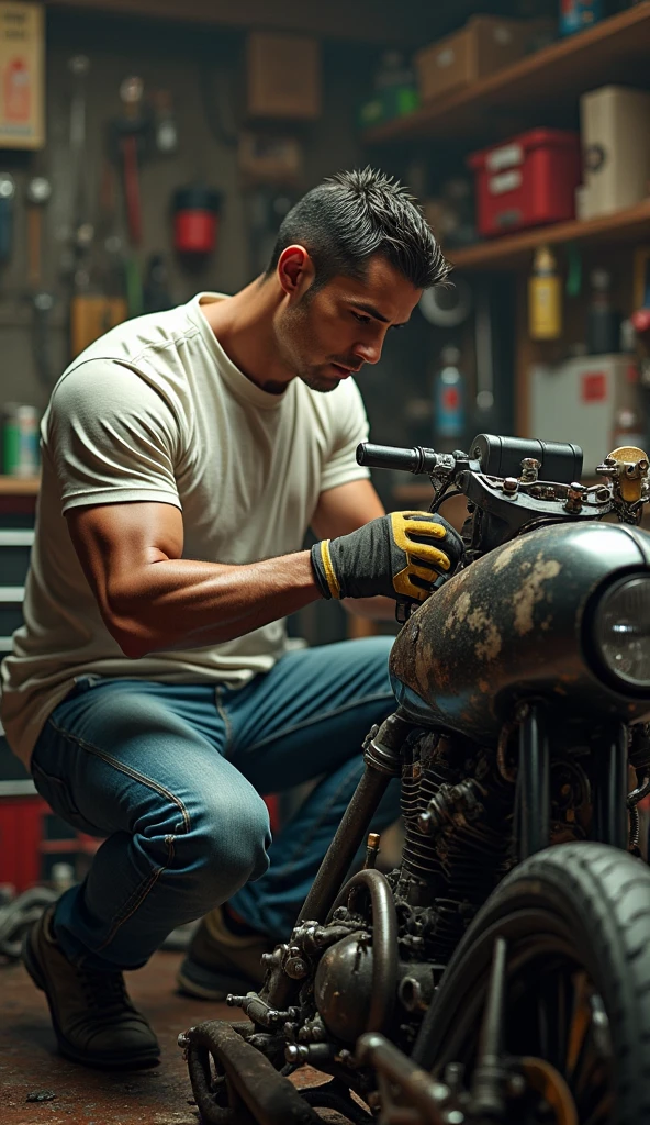 Cristiano Ronaldo working in a bike garage, dusted garage, between a lot of worker