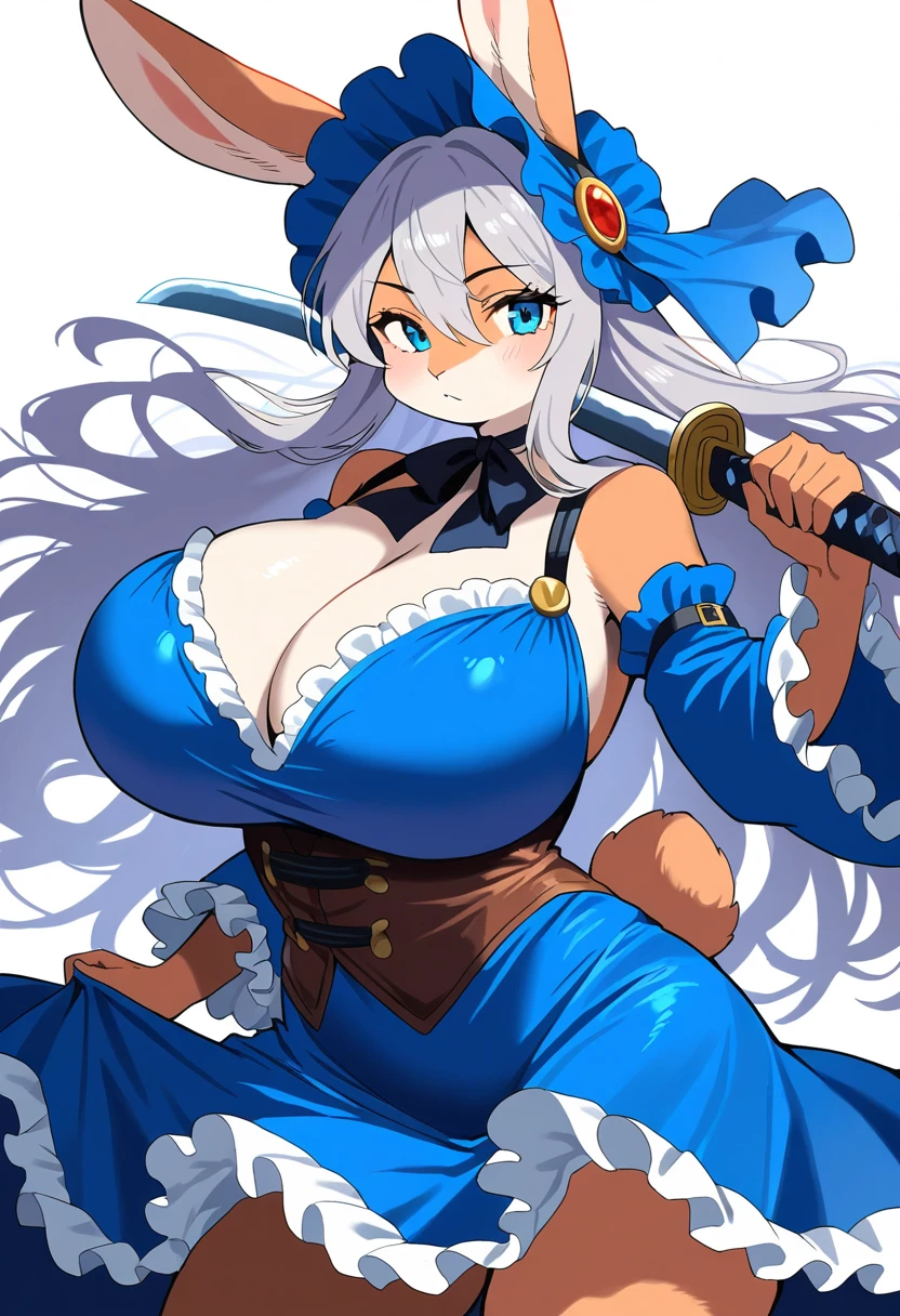 1girl, (furry, kemono:1.3), rabbit, rabbit girl, rabbit ears, gyaru, solo, breasts, weapon, sword, holding weapon, huge breasts, holding, holding sword, alien, glare, dress, long hair, looking at viewer, blue eyes, blue dress, cowboy shot, frills, detached sleeves, simple background, long sleeves, closed mouth, hair between eyes, grey hair, blue headwear, very long hair, bonnet, standing, frilled dress, A detailed digital illustration of a woman's body, with the woman's arms and body parts extending out to the right, holding a katana above his head, action pose,