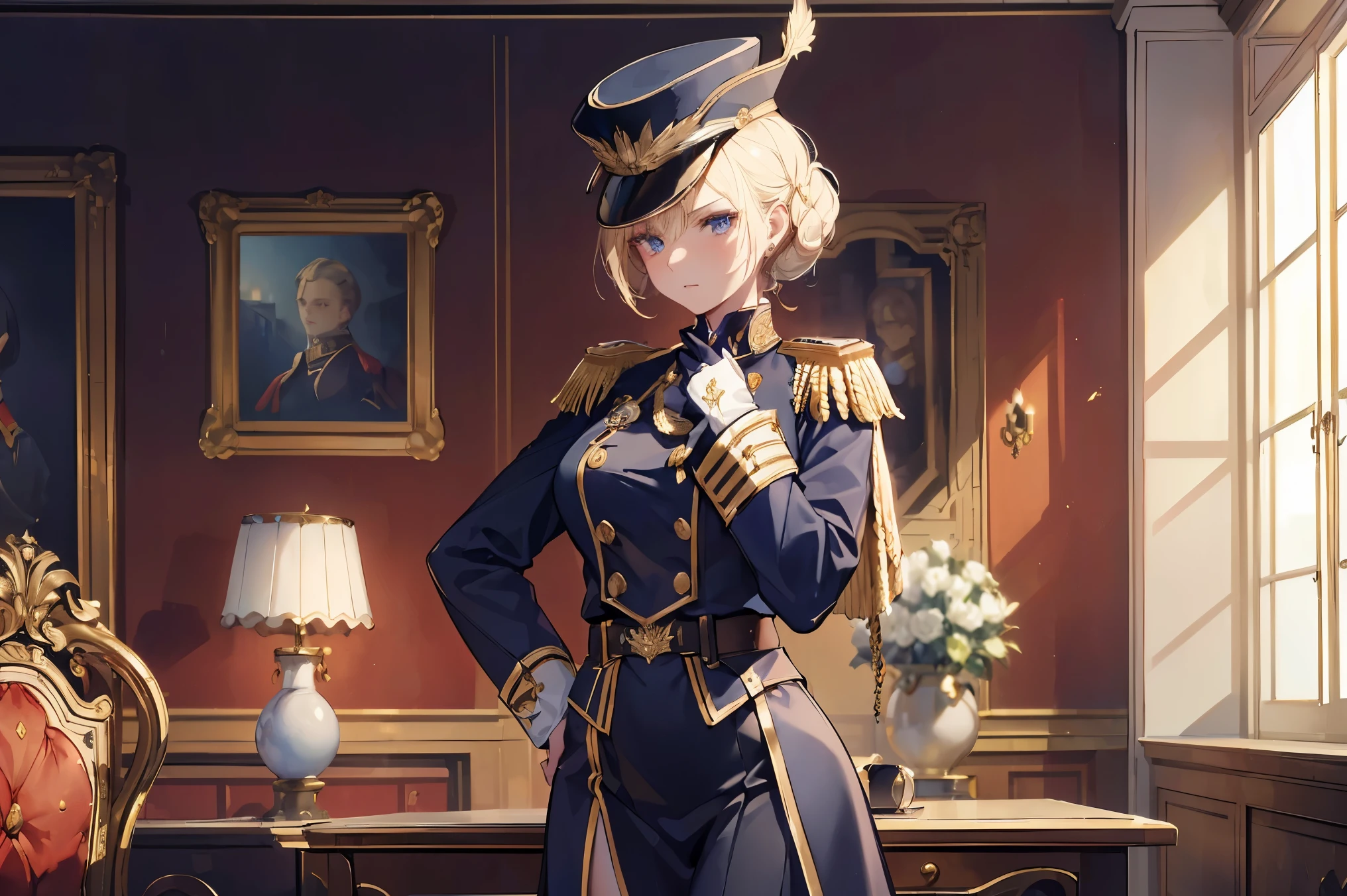 (((Best quality, 8k, Masterpiece: 1.3)), ((best quality)), ((masterpiece)), (detailed), perfect face, perfect body, (detailed skin:1.3), (intricate details), A woman in her twenties wears a military uniform inspired by Napoleon-era design. She has a commanding presence, with a tailored navy blue coat adorned with gold embroidery and brass buttons, along with epaulettes on her shoulders. She wears a tall, bicorne hat angled on her head, enhancing the historical feel. Her expression is serious and focused, and she stands with her hands clasped behind her back, exuding confidence and authority. In the background, there is a dimly lit room with old maps and a large wooden table, adding to the historical and regal atmosphere.