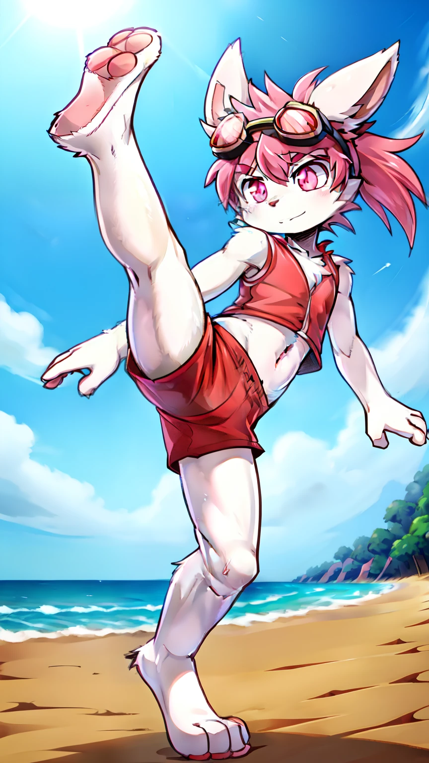 score_9,score_8_up,score_7_up, source_cartoon, source_furry, Furry shota, rabbit, long rabbit ears, pink hair, long spiky ponytail, spiky hair, detailed body fur, Pink eyes, ((red swim short trunks, pink vest, open clothes, goggles, shirtless, sleeveless, navel)), looking at you, white body fur, detailed face, big eyebrows, detailed eyes, detailed body, detailed hands, glistering body, shiny body, skinny, spectacular effects, perfect lighting, perfect shadows, perfect eyes, perfect hair, perfect face, gorgeous body, :3, solo, thick outline, anthropomorphic, countershading, full body, feets with three toes, 3 toes, navel, standing one leg up, beach, clear sky, motion blur, kick at viewer, high kick,