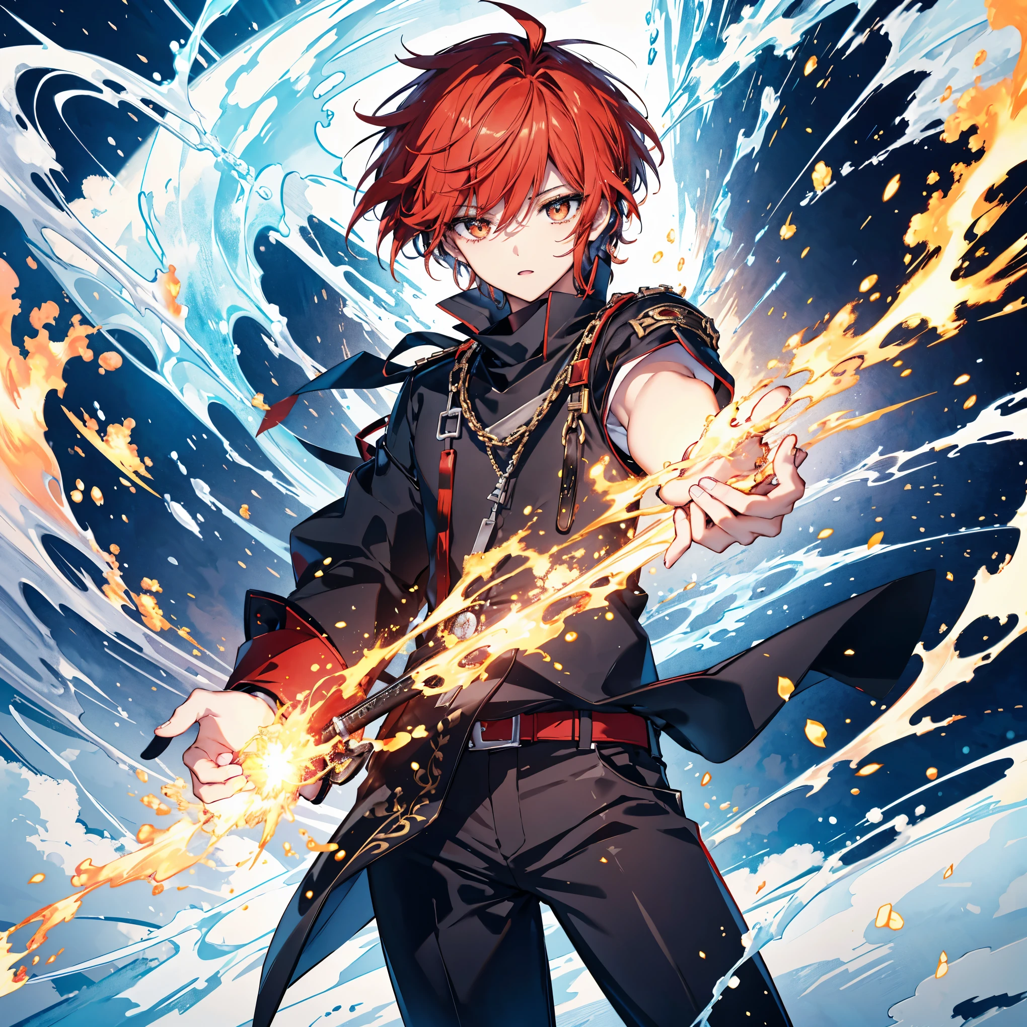  high quality, masterpiece, Delicate hair,  DELICATE EYES FULL OF DECISION, High image quality, male, ハンサムなmale, 鋭い Golden Eyes ,  neutral face ,  Bright Red Hair ,  Golden Eyes , Mysterious appearance , Muscular,  wearing a messy black shirt ,  black skinny pants , sword, Master Swordsman, Cloudy sky background , Detailed anime style illustration, Intense expression, Hidden aura of power, Flames and sparks,  very detailed,  strong shadow , Ash, ice, ink wash painting, ink splashing, color splashing