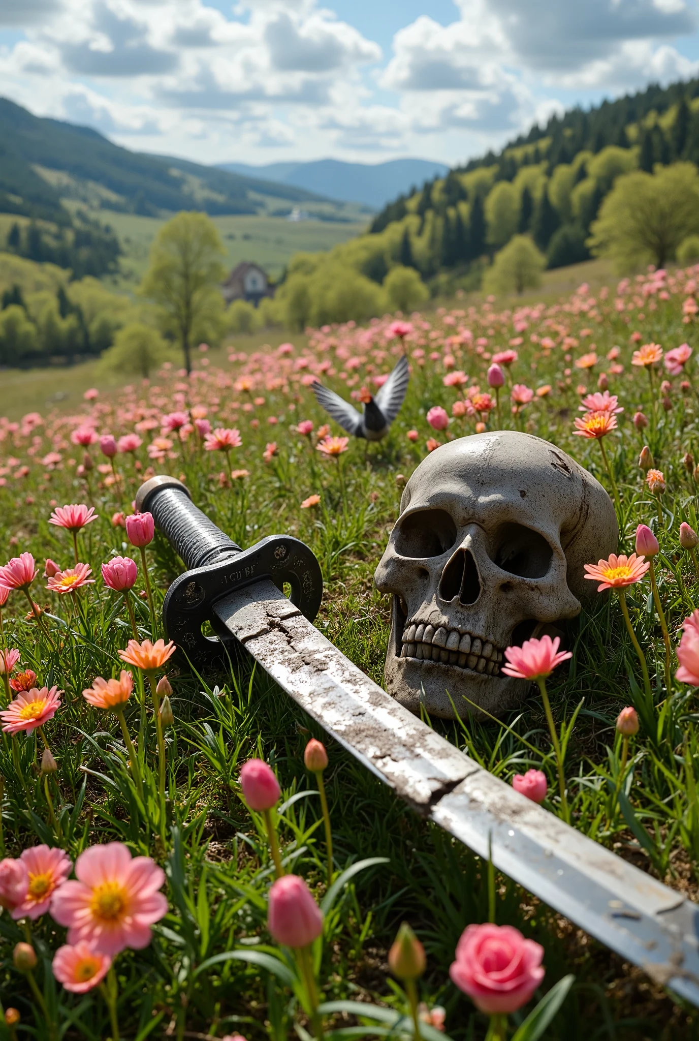 A beautiful japanese katana with a tattered and broken blade lies amidst the flowers of a beautiful spring meadow, and beside it is the skeleton of a samurai, the remnants of a war that took place long ago.focus on katana.The country is broken, the mountains and rivers are there.The grass and trees are deep in the spring.Flowers spattered with emotion, and The birds that hate to be parted are scared to death. very realistic photo.