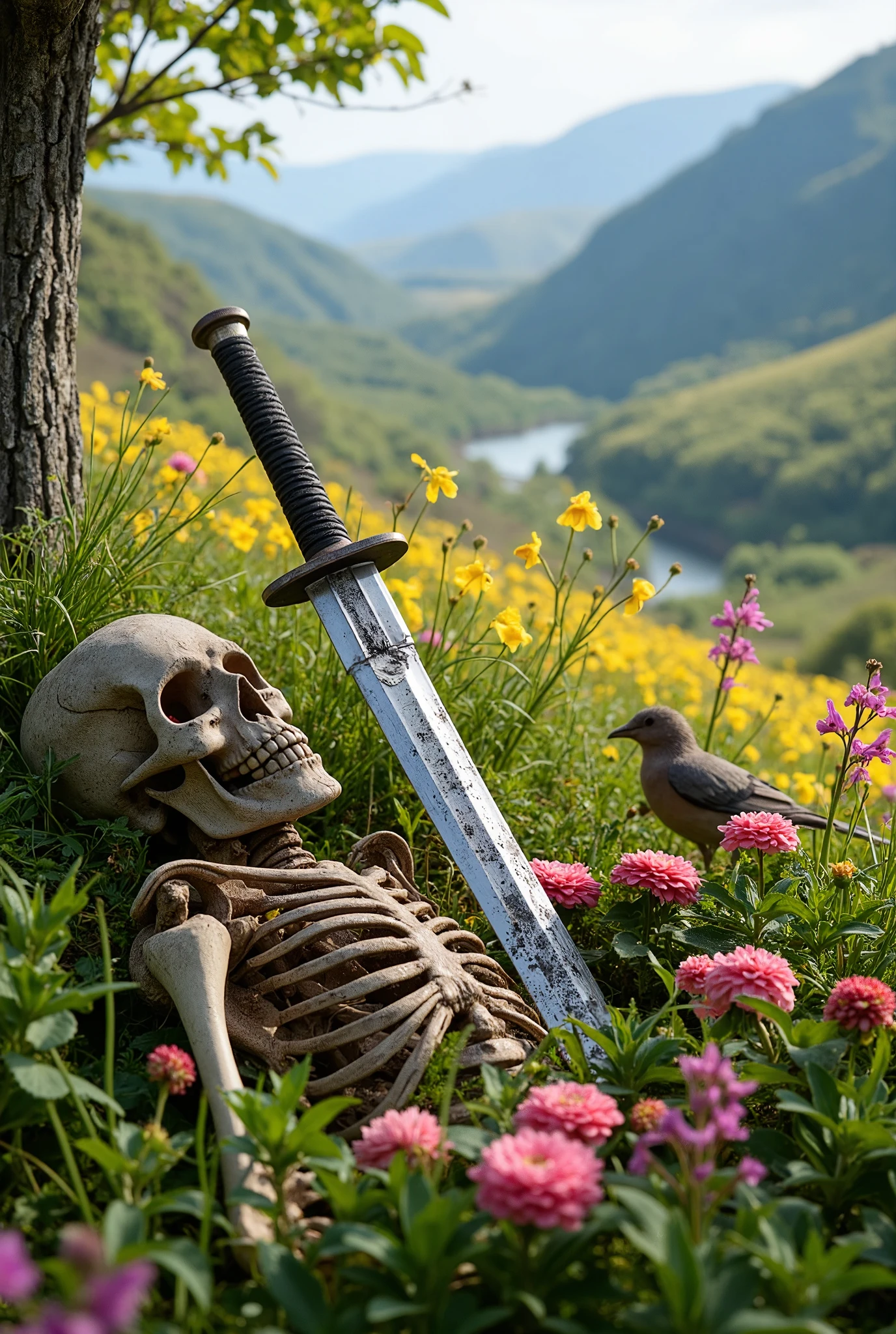 A beautiful japanese katana with a tattered and broken blade lies amidst the flowers of a beautiful spring meadow, and beside it is the skeleton of a samurai, the remnants of a war that took place long ago.focus on katana.The country is broken, the mountains and rivers are there.The grass and trees are deep in the spring.Flowers spattered with emotion, and The birds that hate to be parted are scared to death. very realistic photo.