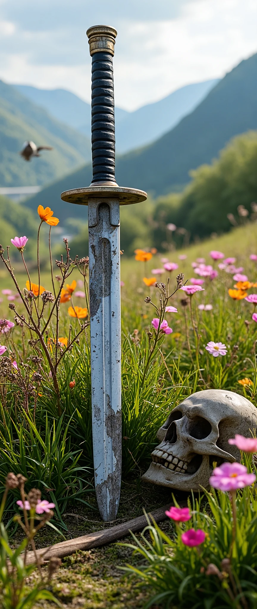 A beautiful japanese katana with a tattered and broken blade lies amidst the flowers of a beautiful spring meadow, and beside it is the skeleton of a samurai, the remnants of a war that took place long ago.focus on katana.The country is broken, the mountains and rivers are there.The grass and trees are deep in the spring.Flowers spattered with emotion, and The birds that hate to be parted are scared to death. very realistic photo.