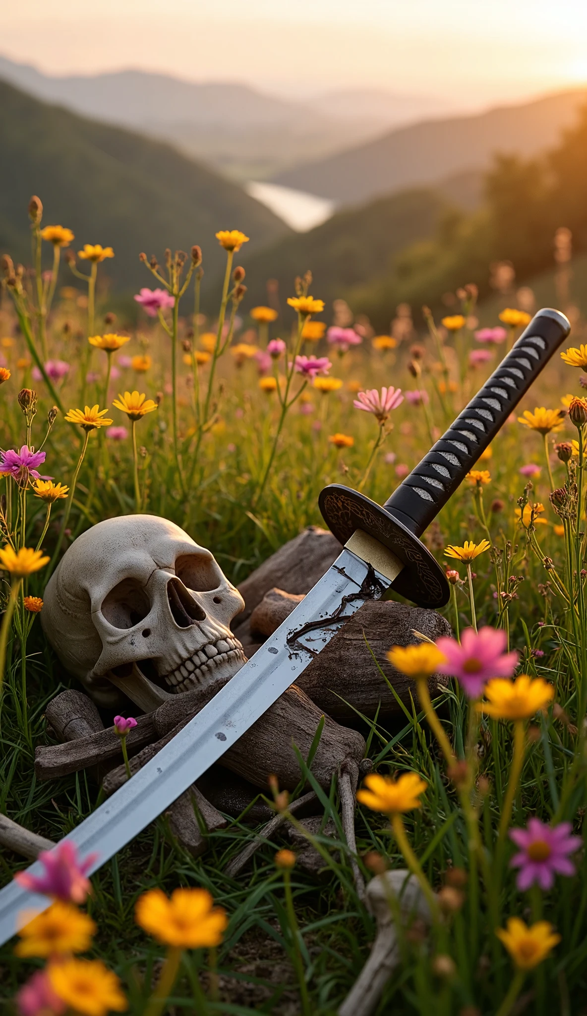 A beautiful japanese katana with a tattered and broken blade lies amidst the flowers of a beautiful spring meadow, and beside it is the skeleton of a samurai, the remnants of a war that took place long ago.focus on katana.The country is broken, the mountains and rivers are there.The grass and trees are deep in the spring.Flowers spattered with emotion, and The birds that hate to be parted are scared to death. very realistic photo.