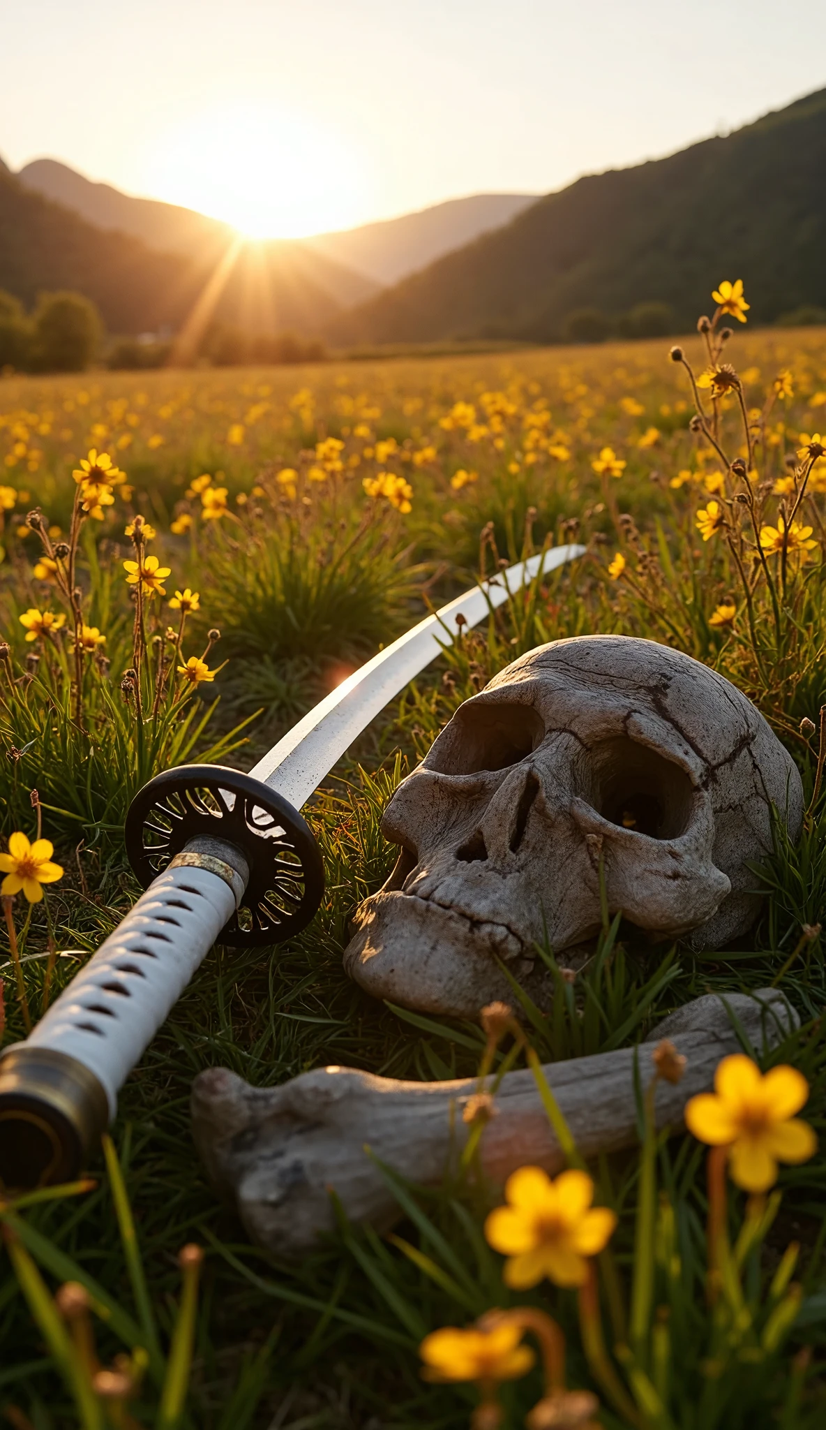 A beautiful japanese katana with a tattered and broken blade lies amidst the flowers of a beautiful spring meadow, and beside it is the skeleton of a samurai, the remnants of a war that took place long ago.focus on katana.The country is broken, the mountains and rivers are there.The grass and trees are deep in the spring.Flowers spattered with emotion, and The birds that hate to be parted are scared to death. very realistic photo.