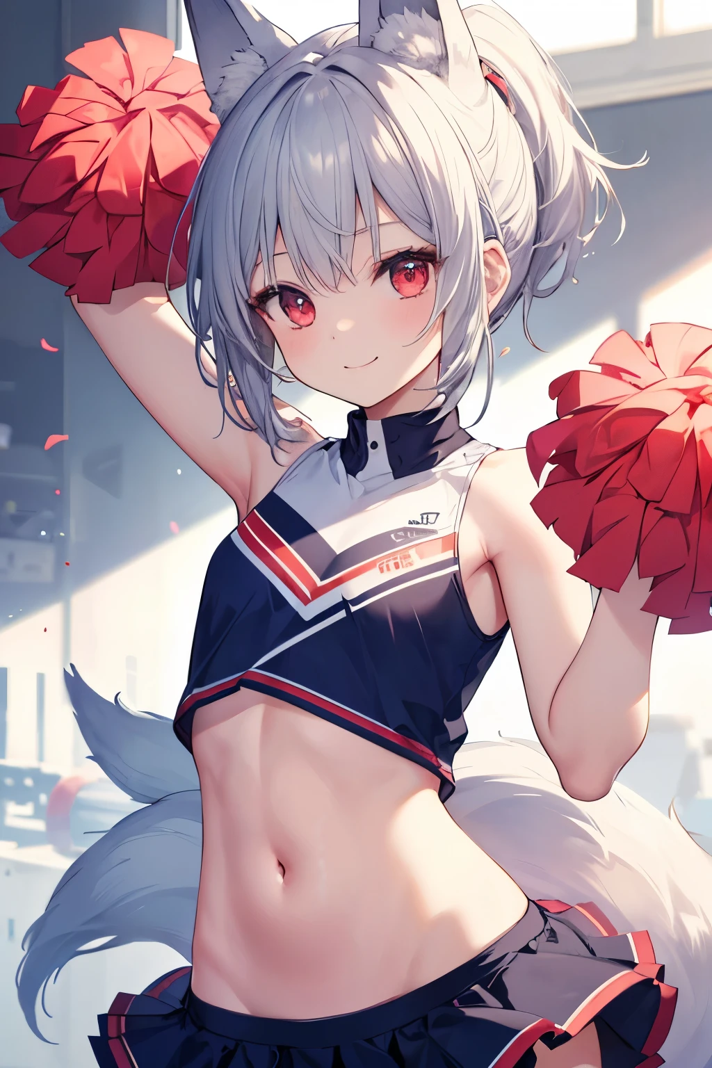 Silver Hair、Red Eye、Fox Ears、girl、Small breasts、ponytail、girl、Small breasts、ta、Bright smile、Looks about 15 yan Musume、short、目のhighlight、Sexy thighs、Cheerleader、Please show me your armpits、Your eyes are so beautiful、highlight