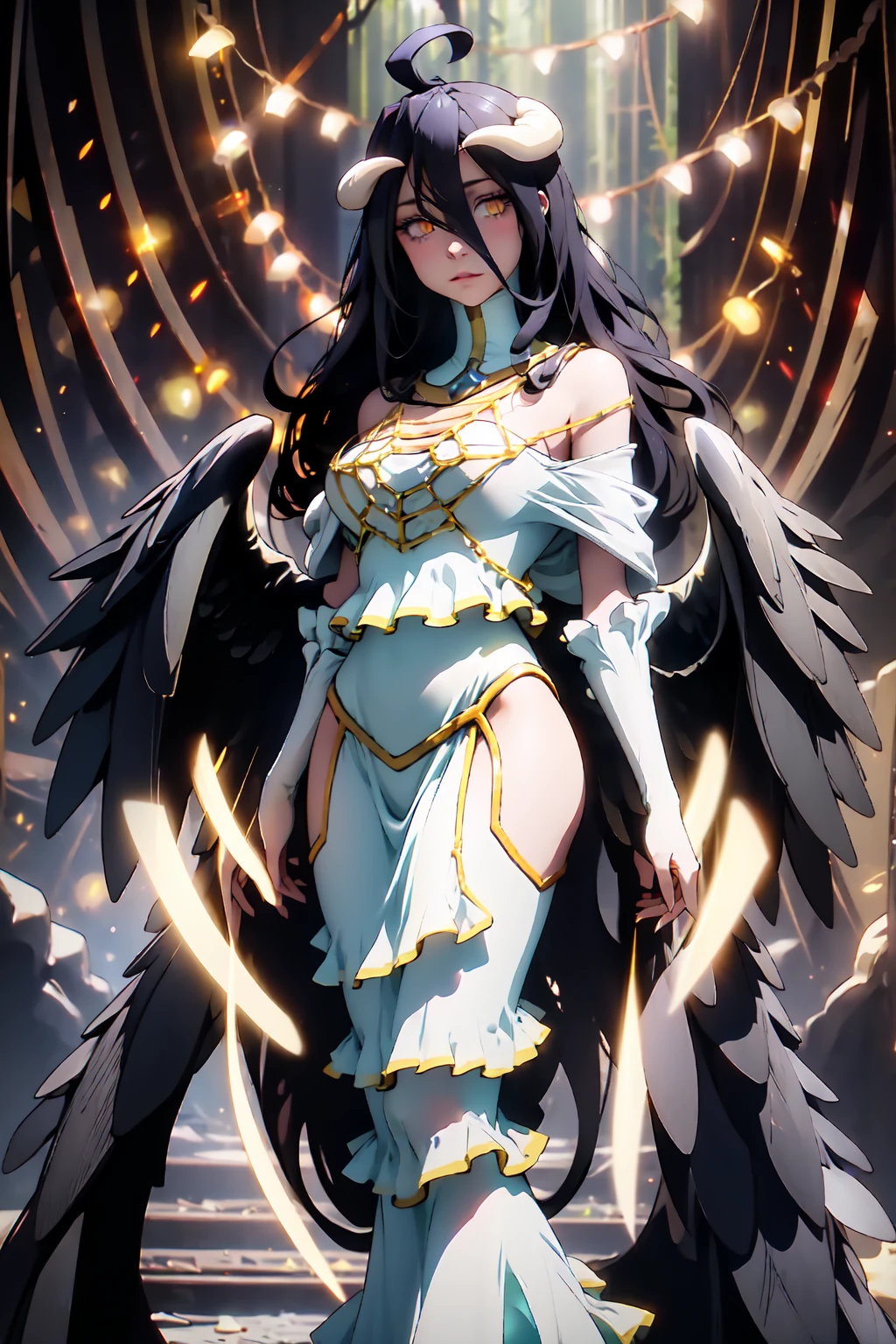 (masterpiece master) (creation, supreme) resolution, demon, red eyes, divine white dress, background in a forest, mischievous, black angel halos, white demon head,full body looking at viewer,big breast,16k,super detail,detail design,cinematic lights