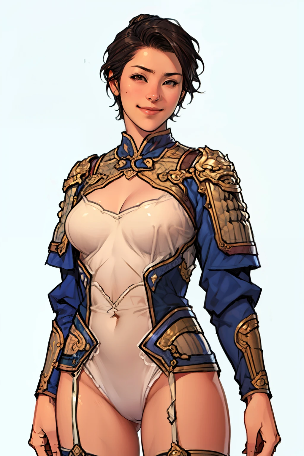 (high resolution, pixel perfect, gorgeous illustrations), (hyper quality, muste piece, etheric: 1.4), ((nsfw)), (((cowboy shot))), face focus, ((solo)), ((androgynous)), (female savage), , (((sexy pose) cool atmosphere, black hair, (((((very_short_hair, slicked_back_hair))))), Exquisite face, blush, (((((((muscular_female))))))), (thick thighs, wide hips, medium breasts), fig((wh_chi_armor))), ((leotard armor)), see through, (((((cameltoe))))), high heel boots, shiny skin, gleaming skin, sweat, simple background,