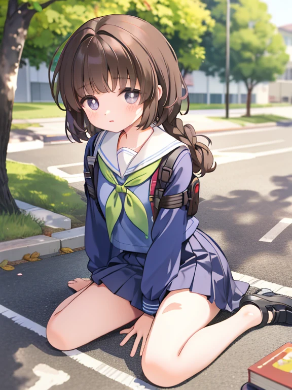  female middle school student， young girl，Brown Hair，curly hair,， ultra-short sailor suit ，(naked:1.1),  ( blanking in books:1.0),   detail face , roadside, POV crouching ， exposing the inside of the legs ，Tie your hands behind your back， skirt blows in the wind，  transparent panties 