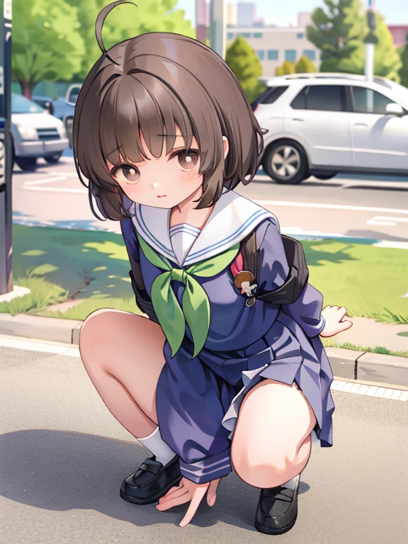  female middle school student， young girl，Brown Hair，curly hair,， ultra-short sailor suit ，(naked:1.1),  ( blanking in books:1.0),   detail face , roadside, POV crouching ， exposing the inside of the legs ，Tie your hands behind your back， skirt blows in the wind，  transparent panties 