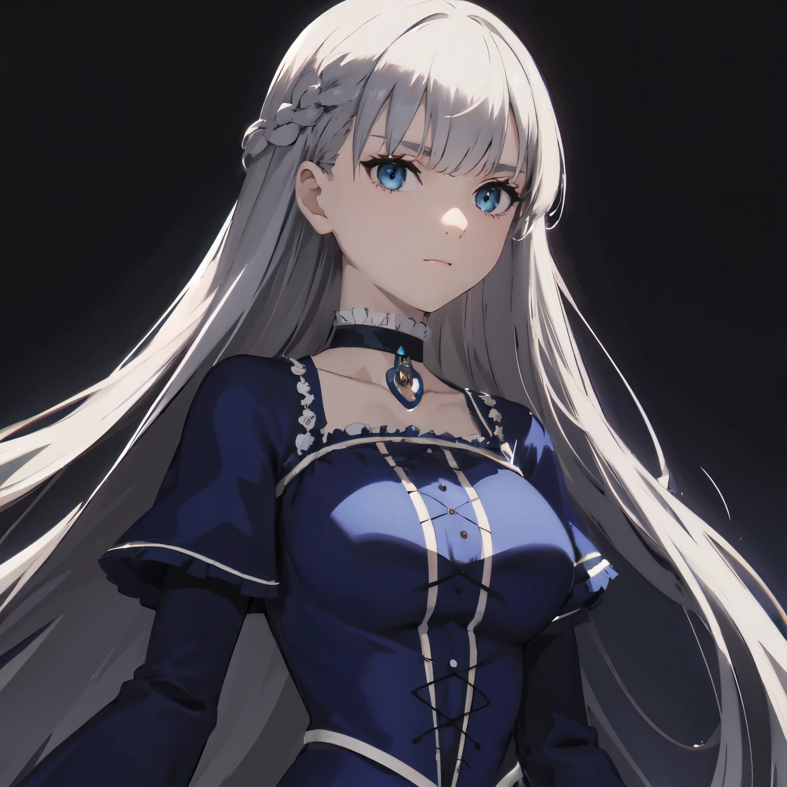 big tits, blue dress, gothic dress, long Sleeves dress, silver hair, blue eyes, long hair, bangs, upperbody, look at camera, emotionless, choker