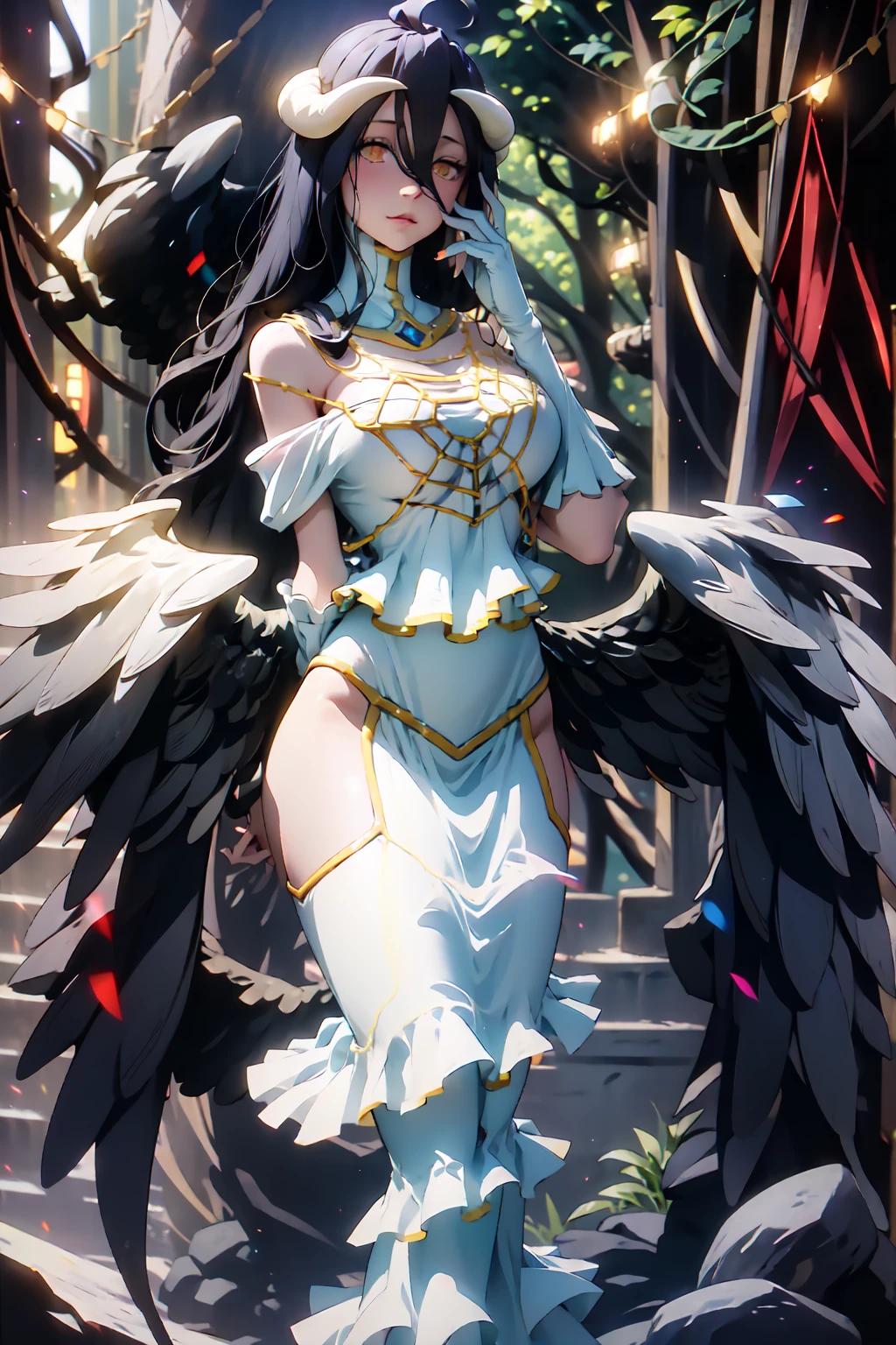 (masterpiece master) (creation, supreme) resolution, demon, red eyes, divine white dress, background in a forest, mischievous, black angel halos, white demon head,full body looking at viewer,big breast,16k,super detail,detail design,cinematic lights