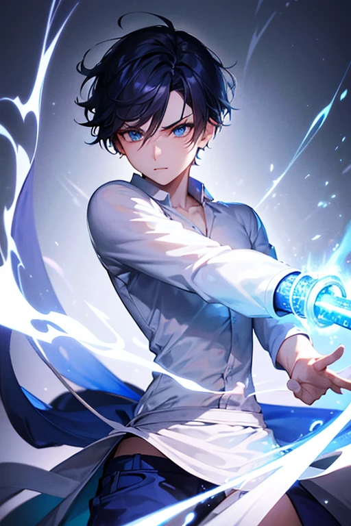 a young boy wearing a white long-sleeved shirt and blue shorts, katana sheathed at his waist, detailed facial features, beautiful eyes, realistic, highly detailed, 8k, masterpiece, epic fantasy, dramatic pose, dynamic action, vibrant colors, intricate background