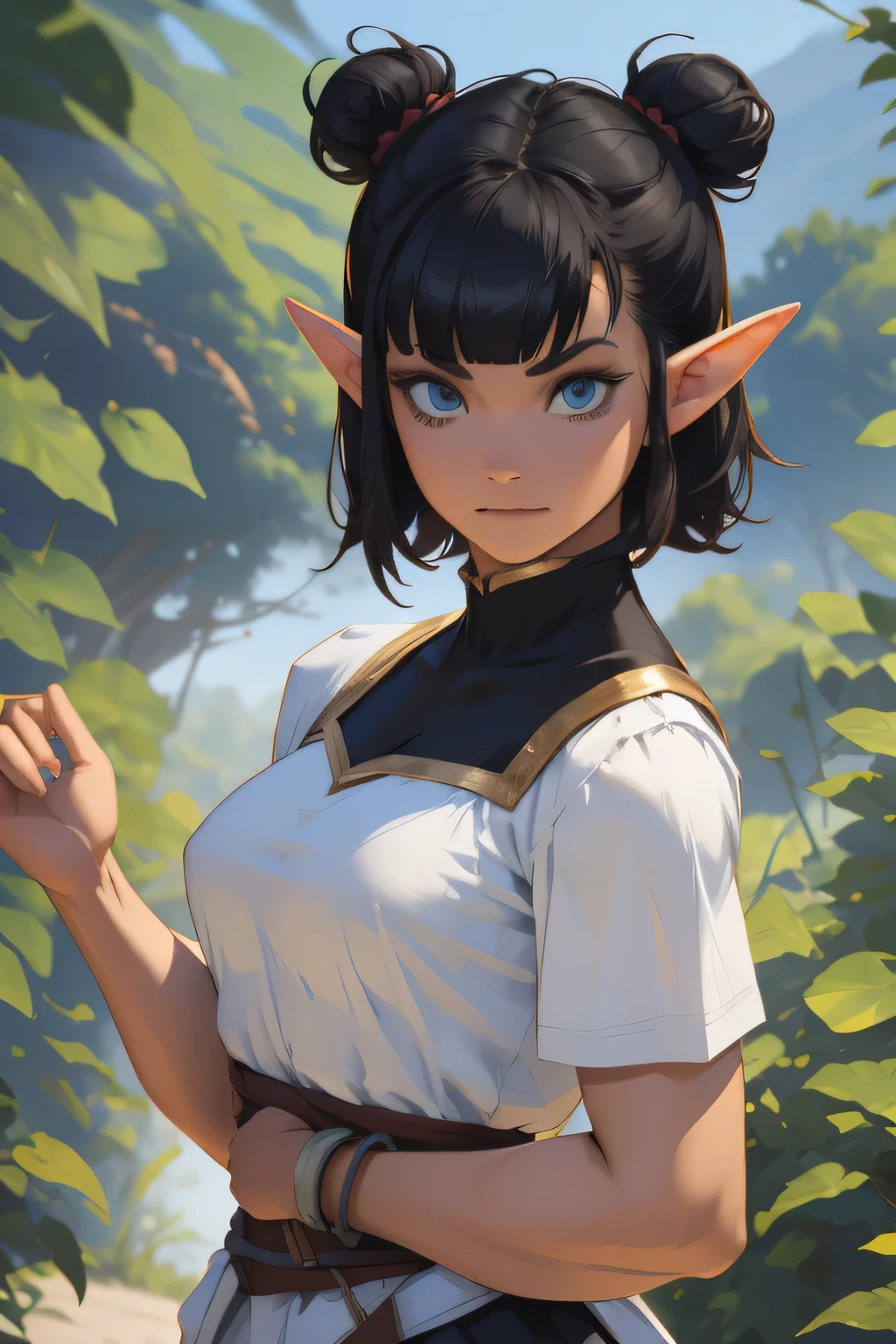 LAUFEN, SHORT HAIR, DOUBLE BUN, BLUNT BANGS posing, elf ears, nice face