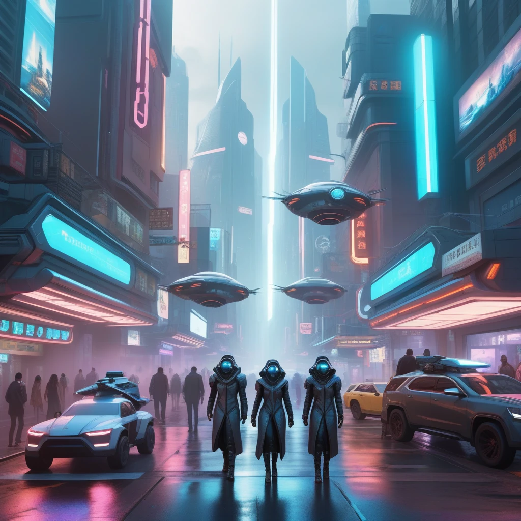 Create a photorealistic image of a high-tech city street imbued with Cyberpunk aesthetics. The street should be bustling with activity and filled with futuristic vehicles, neon signs, and holographic advertisements. Architectural elements should include towering skyscrapers with irregular shapes, skybridges, and multi-level walkways. The ground level should feature shops with neon storefronts, street vendors selling futuristic gadgets, and pedestrians dressed in Cyberpunk fashion. The atmosphere should be dense with smog and illuminated by the glow of neon lights and digital billboards. The perspective should be from a pedestrian's eye level, capturing the vibrancy and complexity of the street life , cybercity