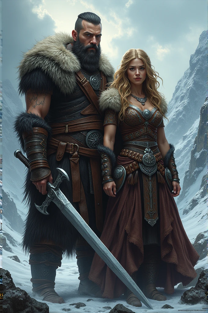 Black Viking left arm tattoo design, a full body muscular viking man and beautiful blond woman showing naked big busty without clouds, muscular legs, holding big sword with right hand, brown hair divided with bangs, perfect realistic blue eyes, wearing warrior leather shoes, wearing warrior boots, lake and mountains in the background.