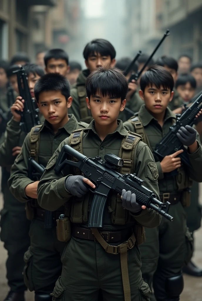 a film still of 1 malay kid in blue digital camouflage military uniform and 1 little kid in school uniform having an argument in city street, Wes Anderson style, in the style of Grand Budapest Hotel directed by Wes Anderson raise hand, photo taken using Panavision DXL2, 28mm lens, Establishing shot, muted color grading, cinemascope, drama, high quality, ultra detailed, 8k resolution,