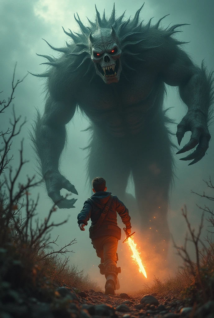a very tall and muscular lumberjack with a, big beard and a red plaid shirt , blood on lips, scar on right eye, he fight with a gigantic dark creature with horn and red eyes, scenery fight, Village scenery in flames.