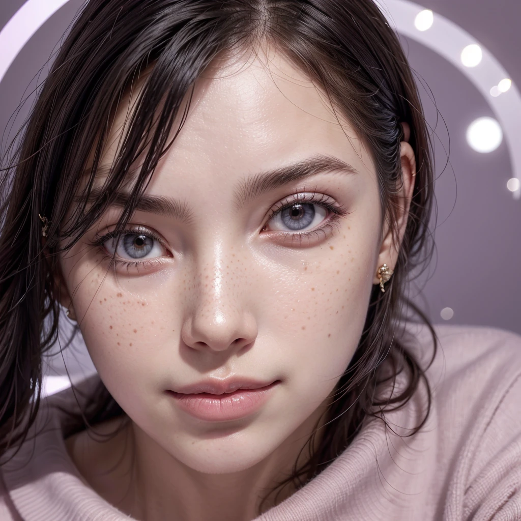 A woman with wavy black hair and purple eyes, Black alien armor, freckles, blush, eye shadow, Cute face