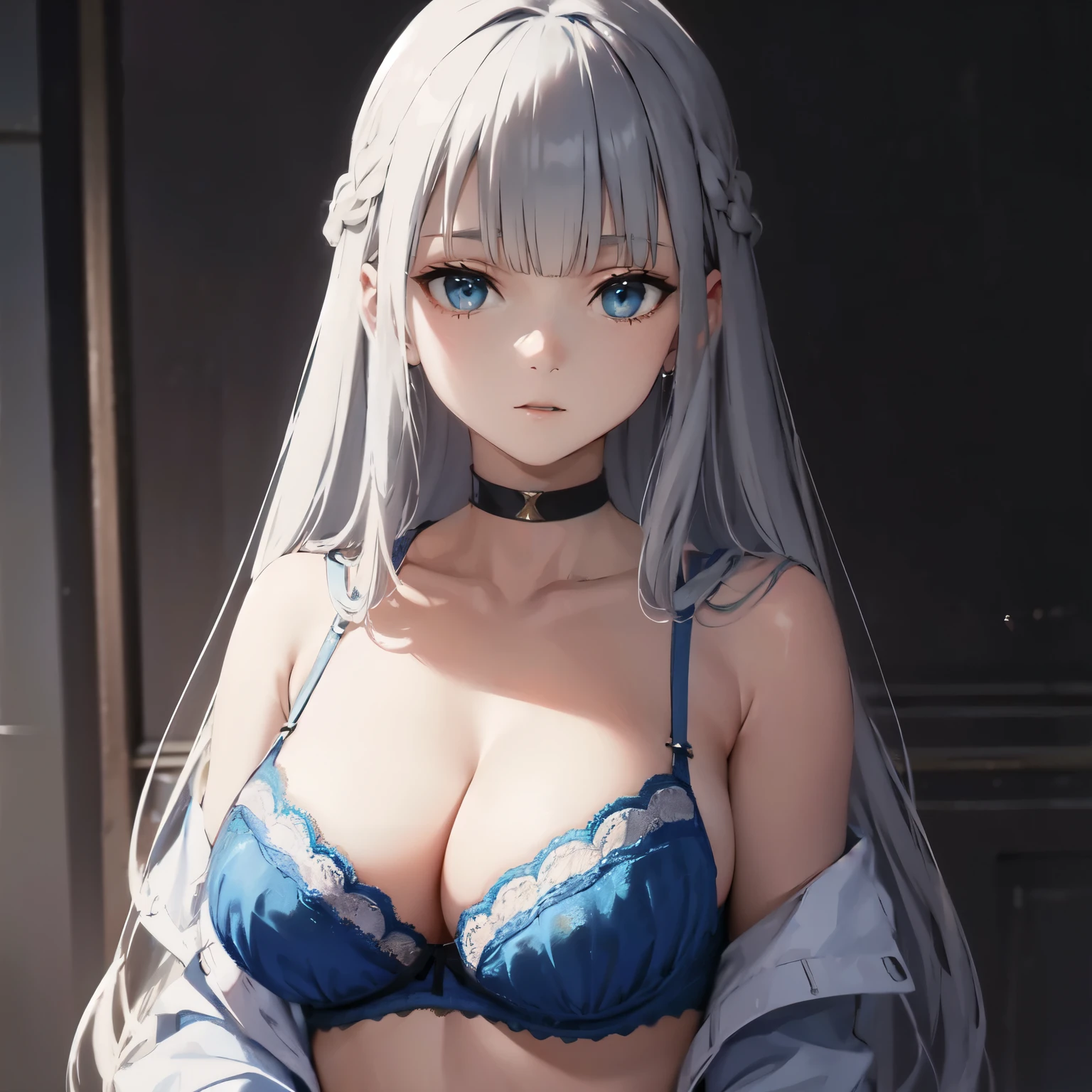 big tits, (((blue bra))), long Sleeves dress, silver hair, blue eyes, long hair, bangs, upperbody, look at camera, emotionless, choker