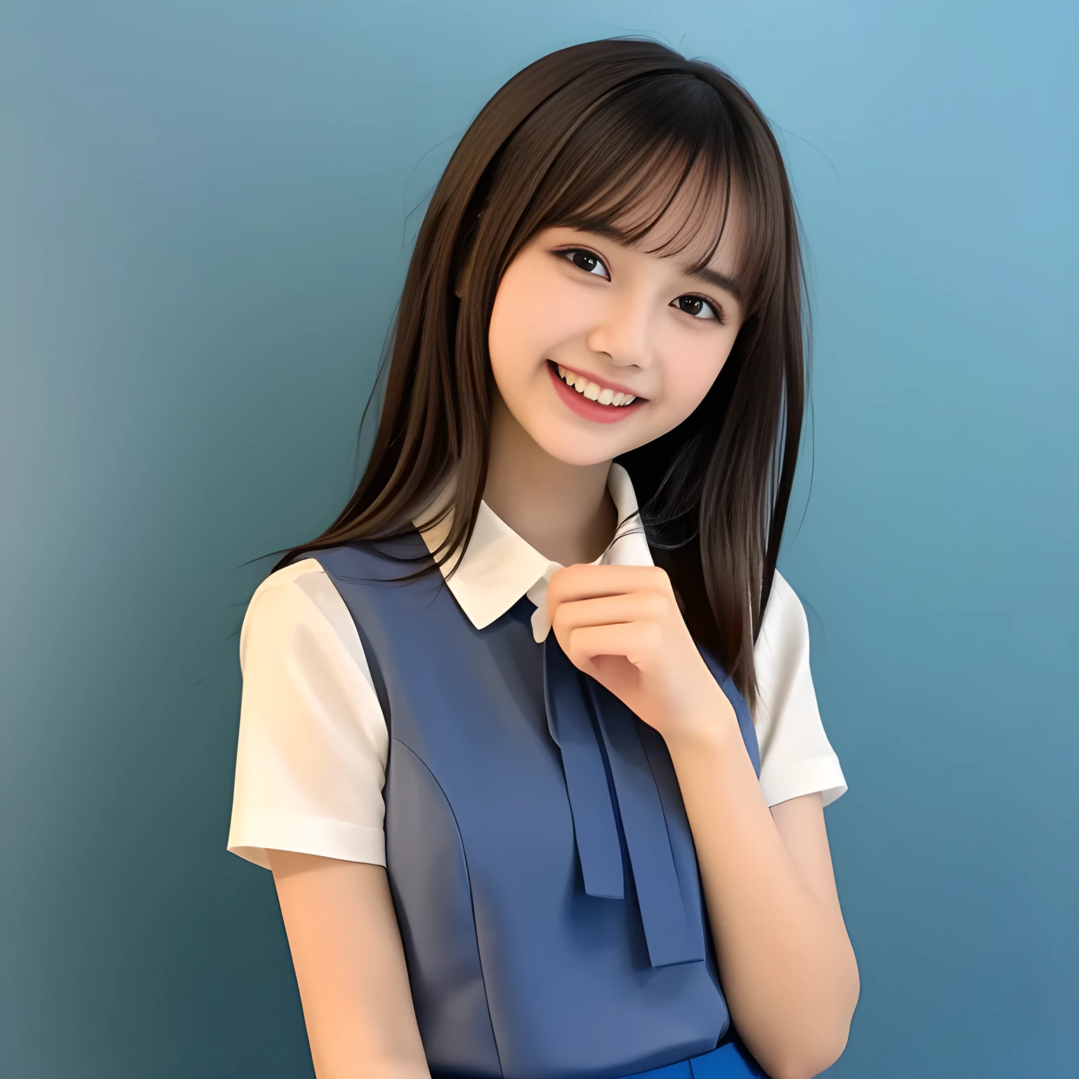 (Highest quality, masterpiece:1.2), Highest quality, High resolution, 1080P, 8k, height: 158cm, (A yo Japanese fashion model is seated, showing her palms, looking at the viewer, showing her cutest smile, very white face, using face-whitening cosmetics, prominent cool eyes, opened laughing giggling most open mouth, gray-gray-blue school summer uniform with gray-gray-blue vest and widely-boxed-pleats-short-skirt and silk blouse and red breast ribbon pulled by her hands, well-straitened super-super-long well-trimmed long hair: 1.5), (white thighs and knees: 1.7), (Well-balanced, prominent, Intelligent, drooping, double-eyelids, brown shiny large prominent eyes with detailed: 1.5), (gray-gray-blue school uniform with gray-gray-blue vest and boxed-pleats-skirt, short-sleeves silk blouse, glossy red breast ribbon: 1.5), ((Beautiful well-figured glossy opened lips like fortissimo soprano singer: 1.2)), (mature breast), (Girl whom everyone loves because of her beauty and beautiful eyes and lovely fashion and noble manner), (Very beautiful, glossy, cute neat black hair, straight well-done hair-style: 1.3), (Drives me crazy for her glossy neat hair and Make me fall into love), (plain blue background: 1.6), (Best style like a 13 fashion model, mature breast), (((Completely balanced beautiful big big eyes, looking at me))), (eyes, face and hair are especially beautifully detailed and beautifully drawn: 1.5), (Satisfactory best shot by professional famous photographer for school girl's beauty: 1.5), (The soft white light clearly shows her face extremely white: 1.2), (Very soft laughing cheeks, very soft hands pulling the breast ribbon down, People who touch it feel eternal pleasure: 1.2), (13yo too much beautiful fashion magazine model: 1.8)