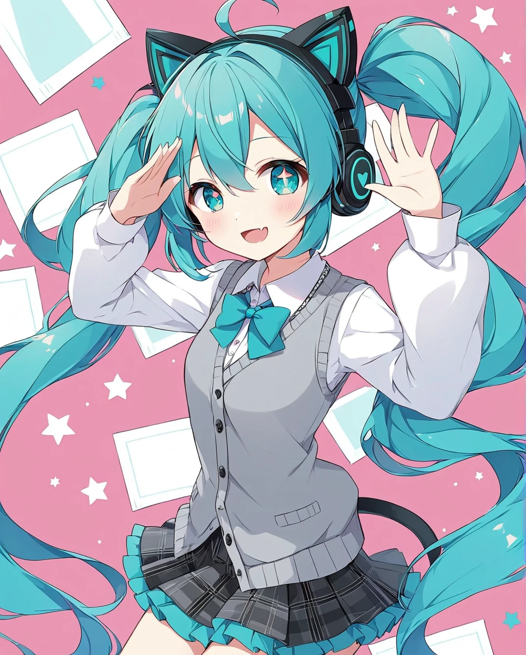 1girl,AIU,Hatsune Miku,girl, cute袖, 1girl、Alone、lhatunemiku、Mesmerizer、Cat ear headphones,mesugaki, cute, Upper body style 5, mesugaki, smile, (Diamond-shaped pupil),looking at viewer,Sweater vest, Check pattern skirt, Check pattern, socks, プリーツskirt, skirt, I am saluting,(Fingers５Books、Perfect hands, Perfect Anatomy) 、Skin Fang,****ta　fashion,Hatsune Miku、Star Effect, cute,