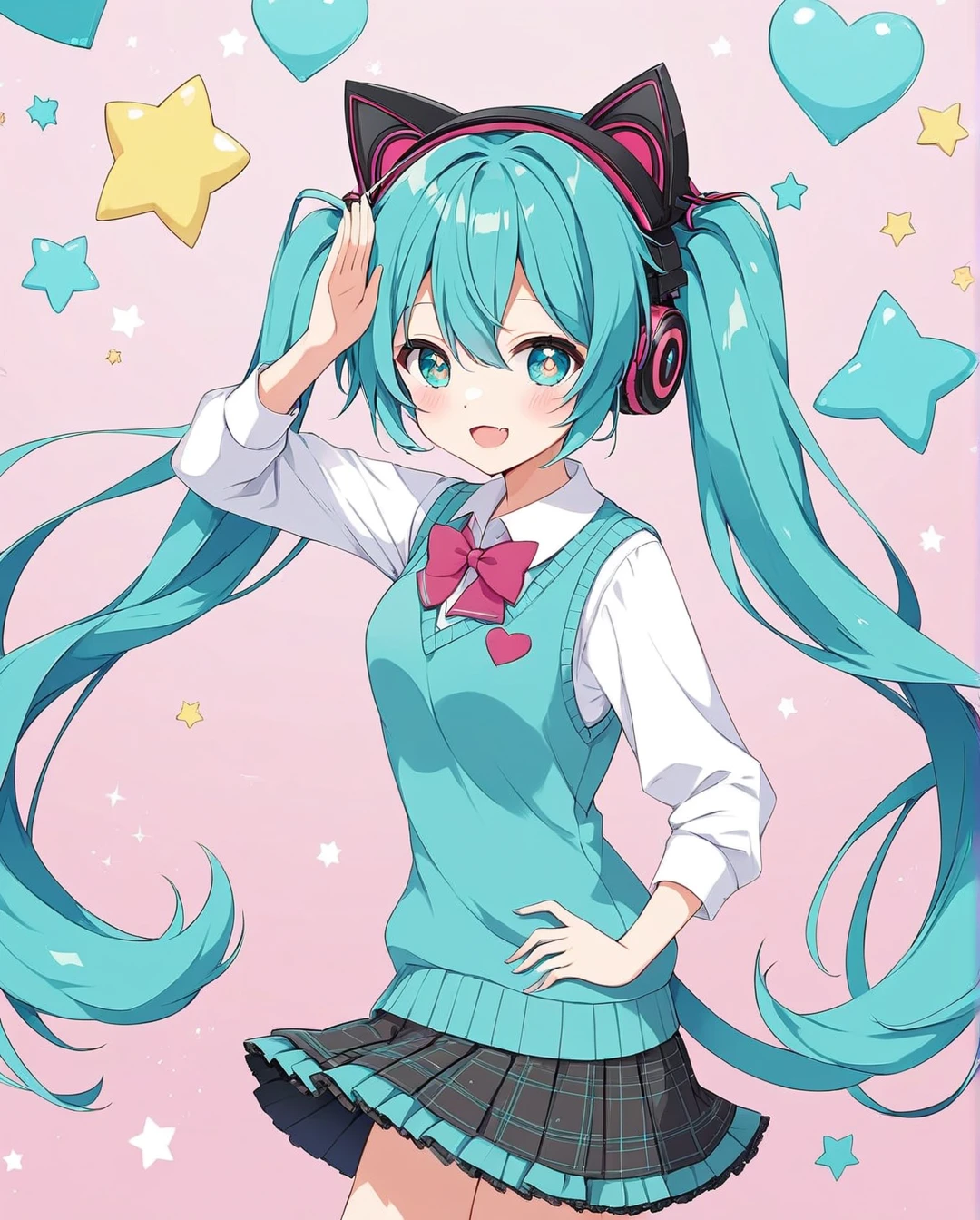 1girl,AIU,Hatsune Miku,girl, cute袖, 1girl、Alone、lhatunemiku、Mesmerizer、Cat ear headphones,mesugaki, cute, Upper body style 5, mesugaki, smile, (Diamond-shaped pupil),looking at viewer,Sweater vest, Check pattern skirt, Check pattern, socks, プリーツskirt, skirt, I am saluting,(Fingers５Books、Perfect hands, Perfect Anatomy) 、Skin Fang,****ta　fashion,Hatsune Miku、Star Effect, cute,