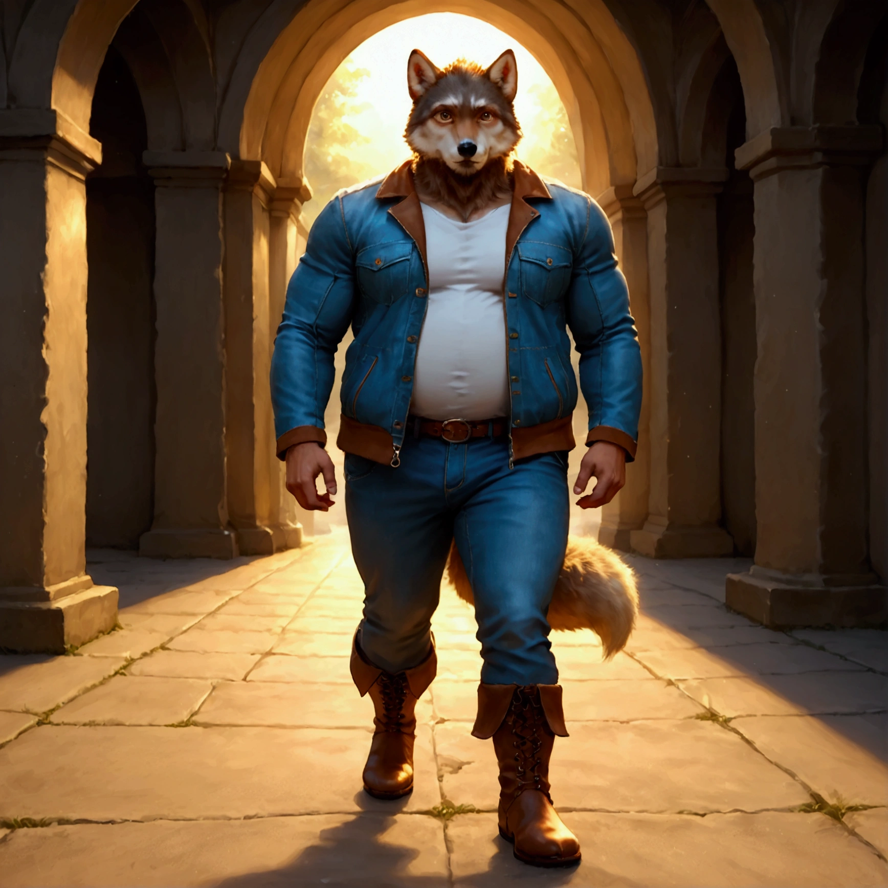 character focus, full body, looking away, dynamic angle, european fantasy, a musclegut middle-aged wolf man, jacket, shirt, pants, dynamic pose, BREAK complete anatomy, perfect proportions, beautiful thigh gap, fluffy body, intricate fur details, beautiful fur texture, BREAK a detailed wolf 1tail, detailed boots, detailed foot, detailed hands, 5fingers, 5fingers nails, BREAK aesthetic anime face, insanity detailed face, male face, big face, square jawline, aesthetic anime eyes, detailed brown eyes, detailed brown cornea, detailed dark brown irises, detailed pupils, male eyes, big eyes, male eyebrows, innocent look, beautiful beard, BREAK full body in Michelangelo Buonarroti style, digital illustration anime, housamo style, detailed painting landscape, bedroom, indoor, full color, HDR, BREAK masterpiece, official art, best quality, very aesthetic, absurdres, super fine illustration, great quality, BREAK noise reduction, very highres, large filesize, high quality, 32K, 8k wallpaper, dynamic lighting, BREAK insanity detailed, ultra detailed, intricate details, extremely detailed, detailed texture, an extremely delicate and beautiful, BREAK osukemo, e621 illustration, kemohomo, anthropomorphic, furry, cartoon, harmonious body, pastoral face, virtuous eyes