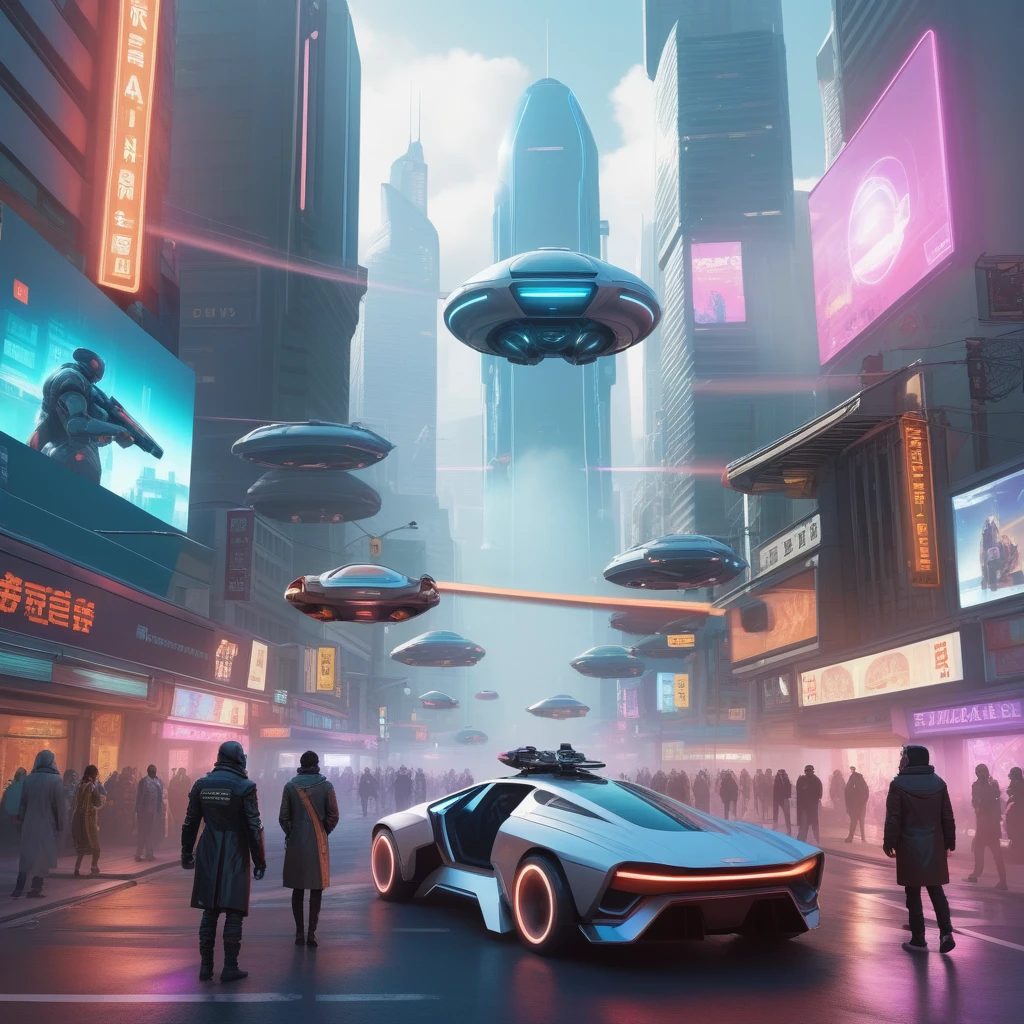 Create a photorealistic image of a high-tech city street imbued with Cyberpunk aesthetics. The street should be bustling with activity and filled with futuristic vehicles, neon signs, and holographic advertisements. Architectural elements should include towering skyscrapers with irregular shapes, skybridges, and multi-level walkways. The ground level should feature shops with neon storefronts, street vendors selling futuristic gadgets, and pedestrians dressed in Cyberpunk fashion. The atmosphere should be dense with smog and illuminated by the glow of neon lights and digital billboards. The perspective should be from a pedestrian's eye level, capturing the vibrancy and complexity of the street life , cybercity