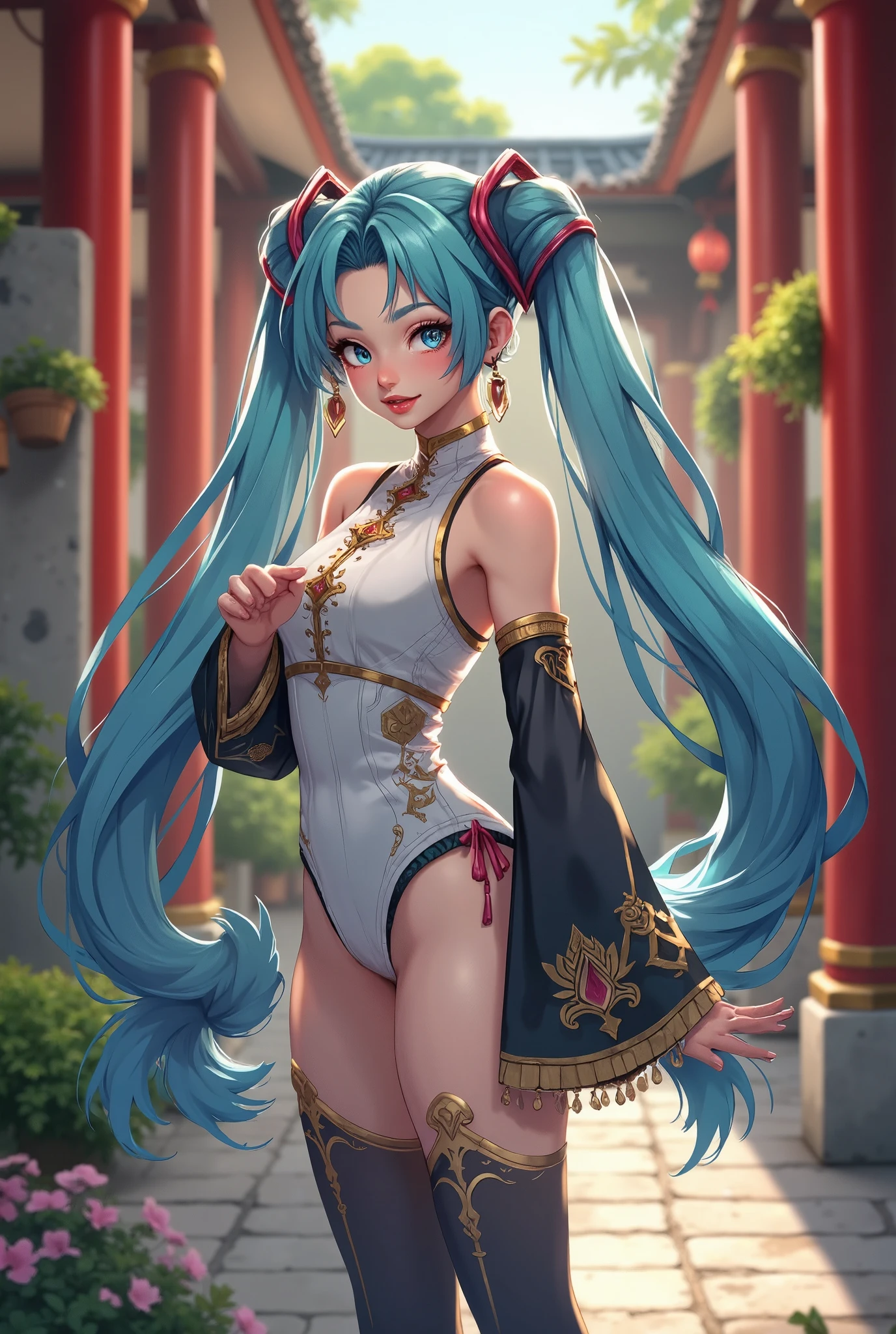 (quality)), ((masterpiece)), Recommended results、Puffy nipples、(see through:1.5)、straighten your back、abdominal muscles、huge bust、angle to floor:1.2、low camera angle、Hair loss on crotch，Hatsune Miku，Image of woman wearing belly dance costume, There is a girl in a green skirt, plum bossom, palace, oriental architecture ray tracing, {最好的quality}, {masterpiece}}, 极其细致的8k wallpaper, {extremely delicate and beautiful}, rich and colorful, intricate details, realism, realism, 相机quality, (Well depicted的衣服), cold white skin, (Well depicted), 1080P, Glowing and silky skin, 3D stereoscopic, masterpiece, 最好的quality, The illustrations are super exquisite, beautiful eyes, The light is very delicate, fine glow, Very beautiful 8K CG wallpaper, peach blossom eyes, red pupils, An extremely exquisite beautiful girl, 8k wallpaper, 最好的quality, Full body close-up, White long skirt, Luxurious silky bright red chiffon overflows (illusion, flash, Ultra thin, soft,) hanfu