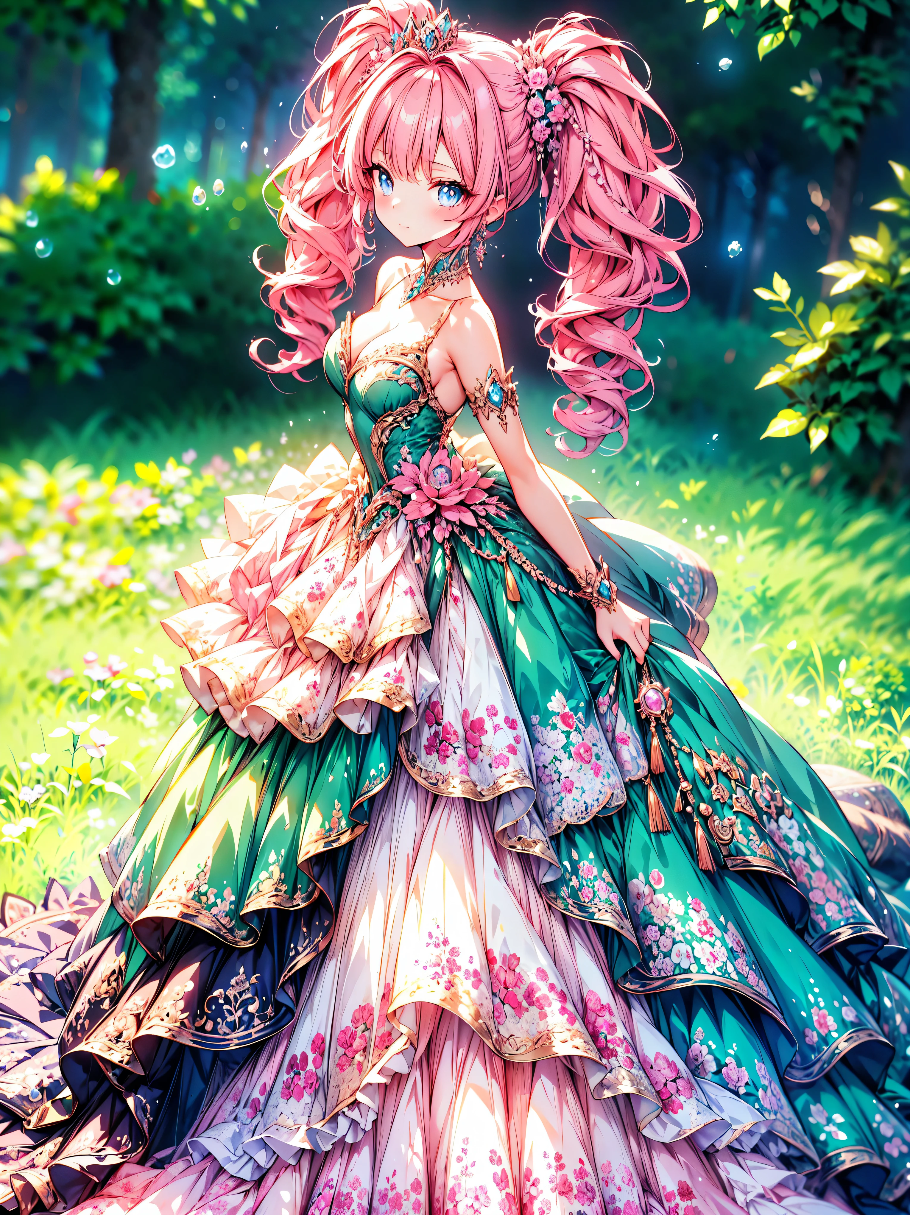 ((Superbly detailed drawing, ultra detailed, exquisite quality, absolutely resolution)), ultra luxurious rococo victorian gown, huge hoop skirt with volume and expanse, princess style skirt with long hems, extremely complex and difficult understand structure, and ultra multi structured ruffles at ultra detailed and beautiful, finest gown,  
BREAK 
((fluffy long twintails)), super voluminous long expressive, asymmetrical bangs, (hair pink hair), tiara, huge breasts, happy smile, super detailed skin, super delicate and beautiful face, kawaii face, hyper detail face, slant eyes, 
BREAK 
 (eyes blue eyes), (blurry background:1.5), (depth of field), backlighting, caustics, ((fog, fantasy castle)), (dynamic angle:1.3), amazing digital paint, anime moe art style, magnificent panorama view, 
BREAK 
 (((young face solo princess)), ((looking at viewer, from above, leaning forward)), ((front view)), (((arms behind back))), ((full body)),