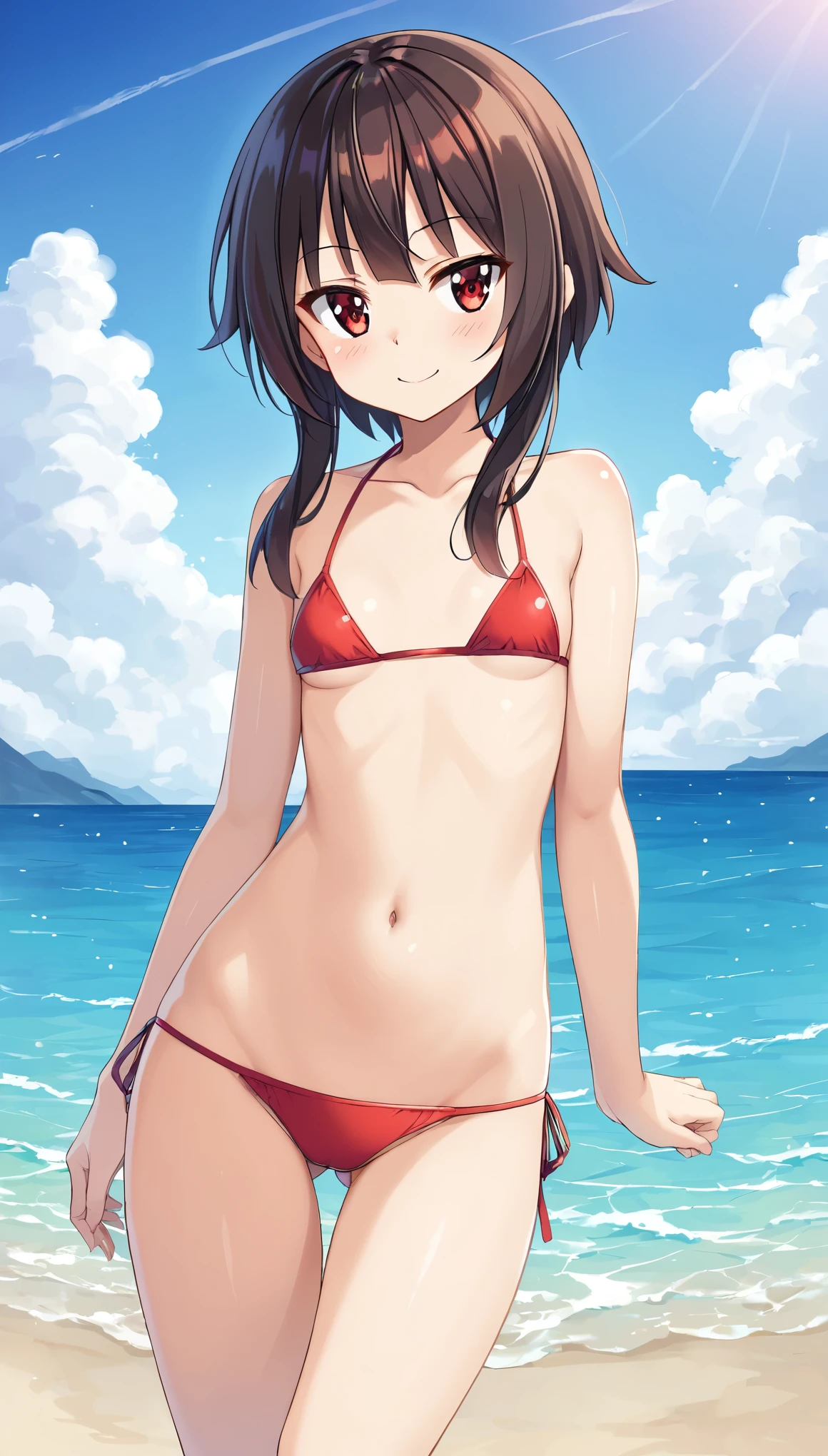 ( best quality:1.2,  very detailed, up to date, Vibrant, Super detailed,  super high definition,, masterpiece:1.2,  best quality, Best aesthetics, There is:0.9), Alone, (女性 1 person), Megumin, short hair, Black Hair, (Red eyes:1.3),   long hair short hair, Minimum, 1 person, Alone, ((Full nudity)), Red eyes, Red Nose, shy,  Browse Viewers,  so cute！,  small breasts, Young body type, Contrasting, (Beautiful sandy beach), ( sea), (Beautiful blue sky), (Lower your bikini bottoms   ), Turn Back、（(Facing diagonally forward))、Cute hips、  stand sexy with legs wide open、、A little smile
