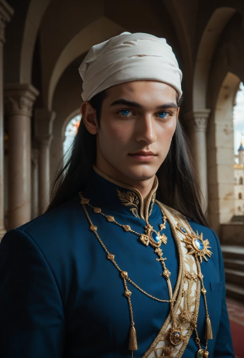 score_9, score_8_up, score_7_up, score_6_up, source_anime, masterpiece, newest, realistic beautiful Turkish  (((( man))) (25 years old) ,  blue eyes,  moderately pumped  ,  in a white turban embroidered with gold threads with a piece of blue fabric on the right shoulder,  black long straight hair is tucked behind your back in a beautiful Turkish castle , 