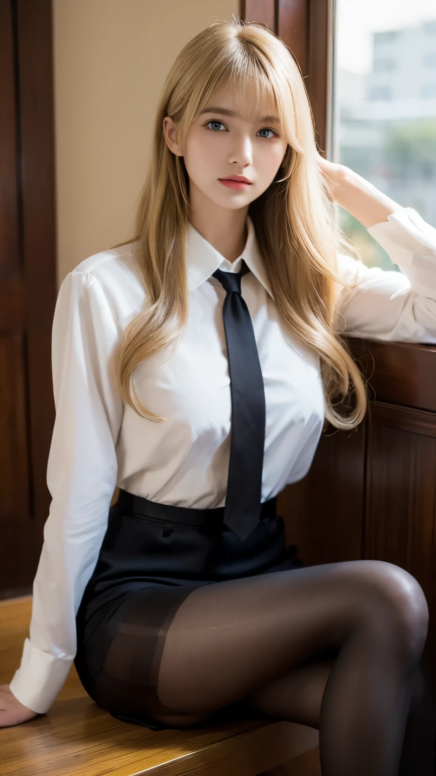 blonde woman in white shirt and tie sitting on a bed, realistic hyperstudent, realistic hyperstudent, realistic student, wearing shirt, korean, cute , seductive anime girl, attractive pose, wearing white shirt, dressed like, blonde goddess, girl wearing uniform , Anime girl cosplay, Japanese Model, dressed in white shirt