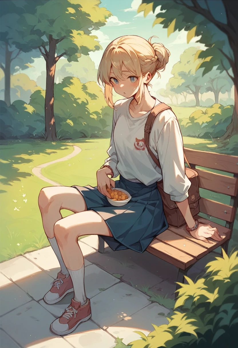 longshot、Cute girl smile、Sitting on a bench in a summer park eating lunch