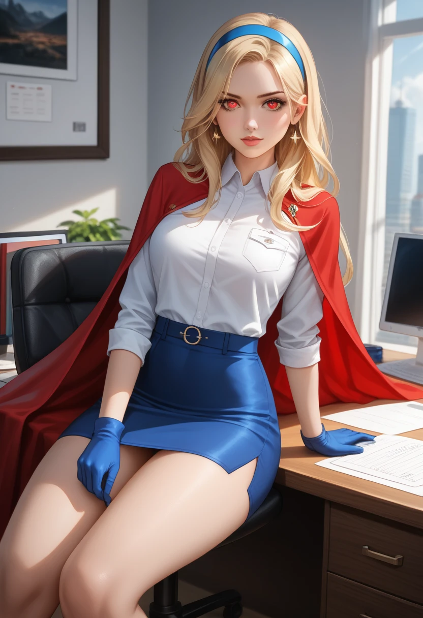 masterpiece, CRU, beautiful art, professional artist, 8k, very detailed face,  very detailed hair , 1 , supergirl (Blonde hair,  long hair, hairband,  luminous red eyes ,lightning eyes, gloves, red cape, blue skirt, white shirt),  thick thighs ,on the Daily Planet , in the office , a modern and sexy office , sitting at her desk,throw, warm,  Blush, unlabeled , beautiful face,  long hair, very  Detailed eyes,  perfect body fit ,  beautiful body ,  extremely detailed ,  Intricate Details,  highly detailed , sharp focus, detailed skin, realistic skin texture, texture,  Detailed eyes,  high resolution ,   , extremely detailed  UHD 8k wallpaper unit,  best quality ,  highres icon, (masterpiece,  top quality ,  high resolution :1.4), pwarmo, cinematic,  movie grain, sharp, Soft natural light,  magic Super detailed 