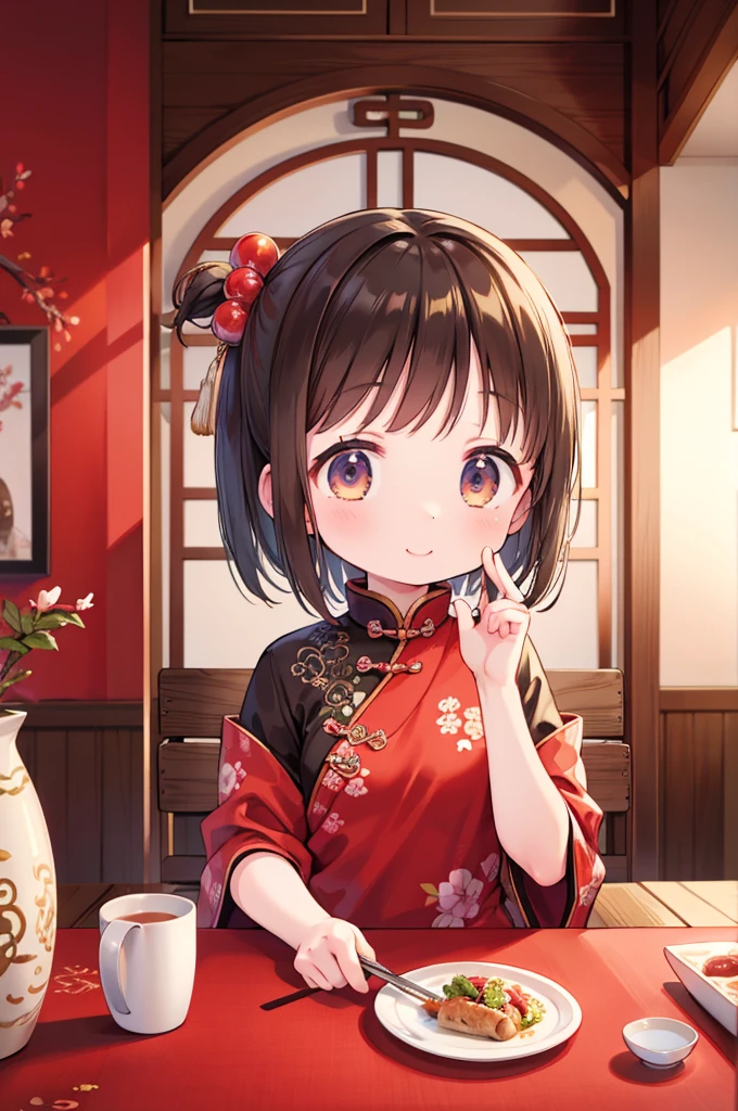 solo, Natsume, black hair, yellow eyes, double buns, mole under eye, chinese dress, :D, hair flower, red flower