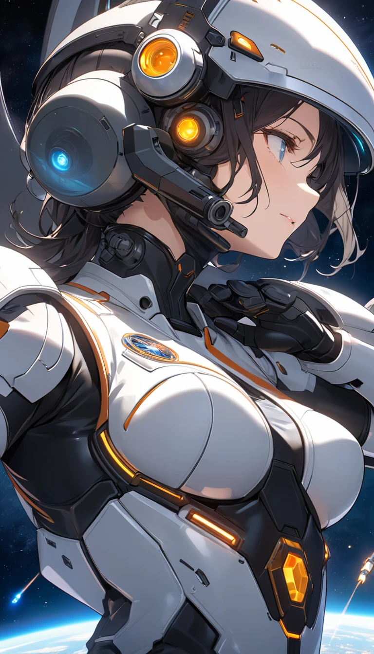 Best Quality, Best Quality, 16k,   unbelievably ridiculous ,  very detailed, 2.5D, Delicate and dynamic,  Universe , space robotic war, war, , Brilliant Earth ,  Faint Little Light and Coloured Meteors, Spaceship,  Universe ステーション,  Very delicate facial expression, Delicate eye depiction, Upper body close-up,,  erotic ,  dynamic sexy pose,  sexy woman, Healthy body shape, 22-year-old woman,  fighter pilot , :  170 centimeters, Firm and bouncy bust,   Full Face Helmet , A robot suit with a complex structure, A robot with complex colors「Tin」, Tight robot suit, , Movie fight scenes, Hold up your gun ?