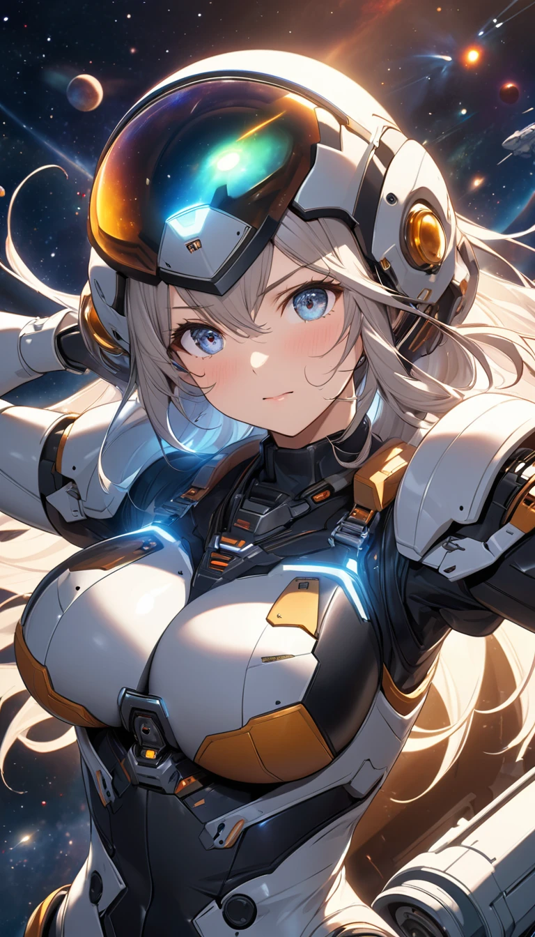 Best Quality, Best Quality, 16k,   unbelievably ridiculous ,  very detailed, 2.5D, Delicate and dynamic,  Universe , space robotic war, war, , Brilliant Earth ,  Faint Little Light and Coloured Meteors, Spaceship,  Universe ステーション,  Very delicate facial expression, Delicate eye depiction, Upper body close-up,,  erotic ,  dynamic sexy pose,  sexy woman, Healthy body shape, 22-year-old woman,  fighter pilot , :  170 centimeters, Firm and bouncy bust,   Full Face Helmet , A robot suit with a complex structure, A robot with complex colors「Tin」, Tight robot suit, , Movie fight scenes, Hold up your gun ?