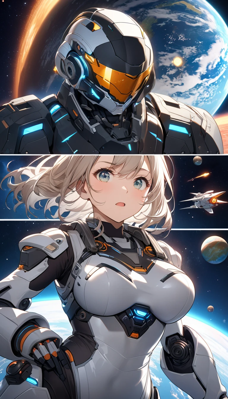 Best Quality, Best Quality, 16k,   unbelievably ridiculous ,  very detailed, 2.5D, Delicate and dynamic,  Universe , space robotic war, war, , Brilliant Earth ,  Faint Little Light and Coloured Meteors, Spaceship,  Universe ステーション,  Very delicate facial expression, Delicate eye depiction, Upper body close-up,,  erotic ,  dynamic sexy pose,  sexy woman, Healthy body shape, 22-year-old woman,  fighter pilot , :  170 centimeters, Firm and bouncy bust,   Full Face Helmet , A robot suit with a complex structure, A robot with complex colors「Tin」, Tight robot suit, , Movie fight scenes, Hold up your gun ?