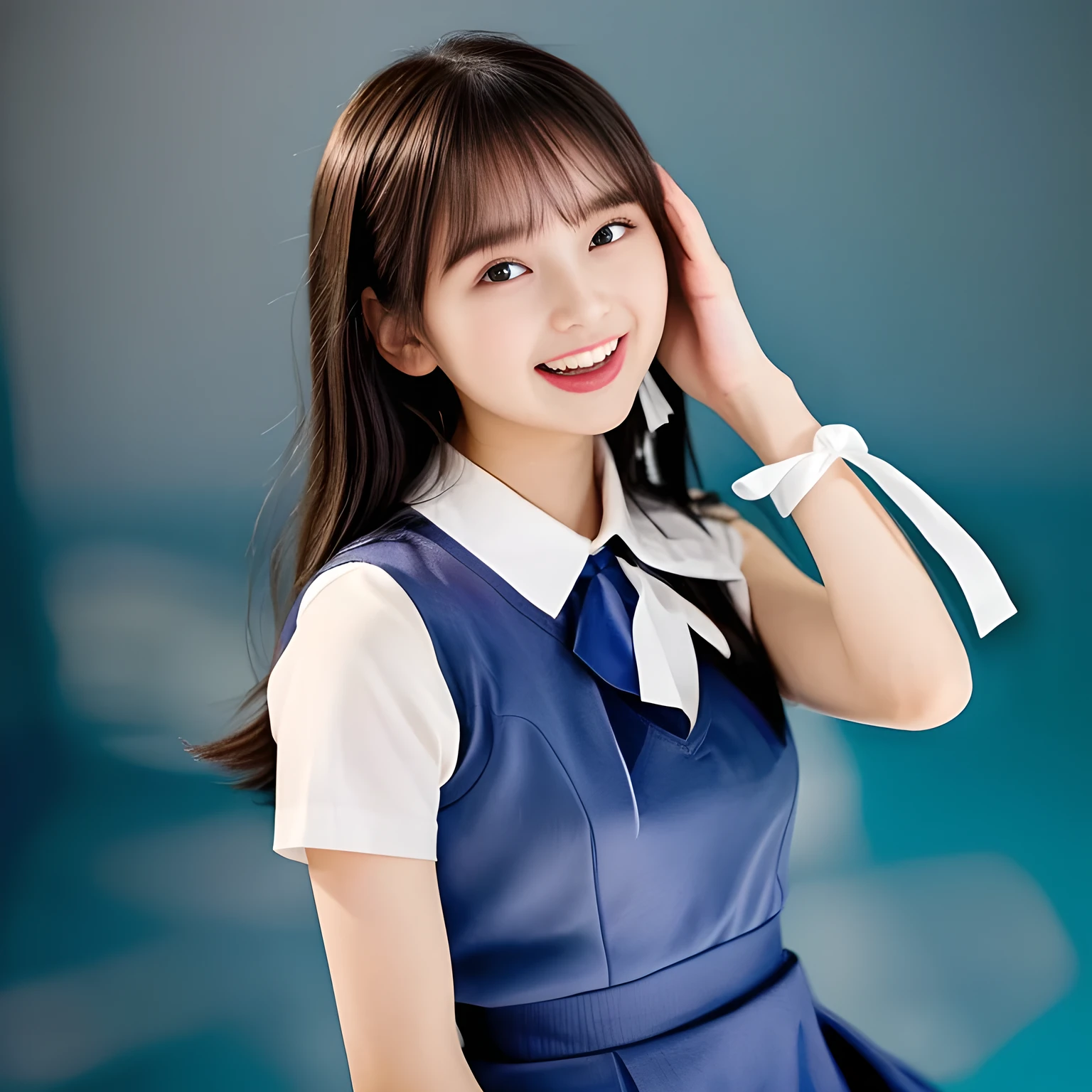 (Highest quality, masterpiece:1.2), Highest quality, High resolution, 1080P, 8k, height: 158cm, (A **** Japanese fashion model is seated, showing her palms, looking at the viewer, showing her cutest smile, very white face, using face-whitening cosmetics, prominent cool eyes, opened laughing giggling most open mouth, gray-gray-blue school summer uniform with gray-gray-blue vest and widely-boxed-pleats-short-skirt and silk blouse and red breast ribbon pulled by her hands, well-straitened super-super-long well-trimmed long hair: 1.5), (white thighs and knees: 1.7), (Well-balanced, prominent, Intelligent, drooping, double-eyelids, brown shiny large prominent eyes with detailed: 1.5), (gray-gray-blue school uniform with gray-gray-blue vest and boxed-pleats-skirt, short-sleeves silk blouse, glossy red breast ribbon: 1.5), ((Beautiful well-figured glossy opened lips like fortissimo soprano singer: 1.2)), (mature breast), (Girl whom everyone loves because of her beauty and beautiful eyes and lovely fashion and noble manner), (Very beautiful, glossy, cute neat black hair, straight well-done hair-style: 1.3), (Drives me crazy for her glossy neat hair and Make me fall into love), (plain blue background: 1.6), (Best style like a **** fashion model, mature breast), (((Completely balanced beautiful big big eyes, looking at me))), (eyes, face and hair are especially beautifully detailed and beautifully drawn: 1.5), (Satisfactory best shot by professional famous photographer for school girl's beauty: 1.5), (The soft white light clearly shows her face extremely white: 1.2), (Very soft laughing cheeks, very soft hands pulling the breast ribbon down, People who touch it feel eternal pleasure: 1.2), (**** too much beautiful fashion magazine model: 1.8)